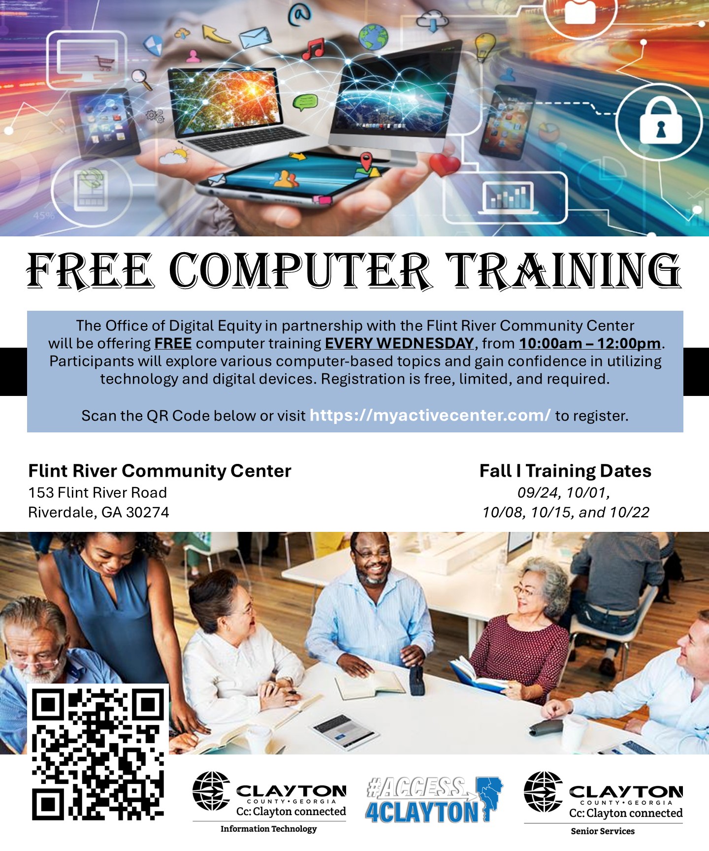 flyer for free computer training at flint river community center every wednesday morning from september 24, 2025 through october 22, 2025