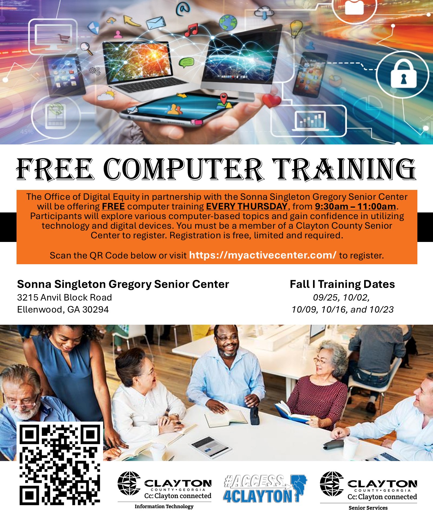 flyer for free computer training at sonna singleton gregory senior center every thursday morning from september 25, 2025 through october 23, 2025