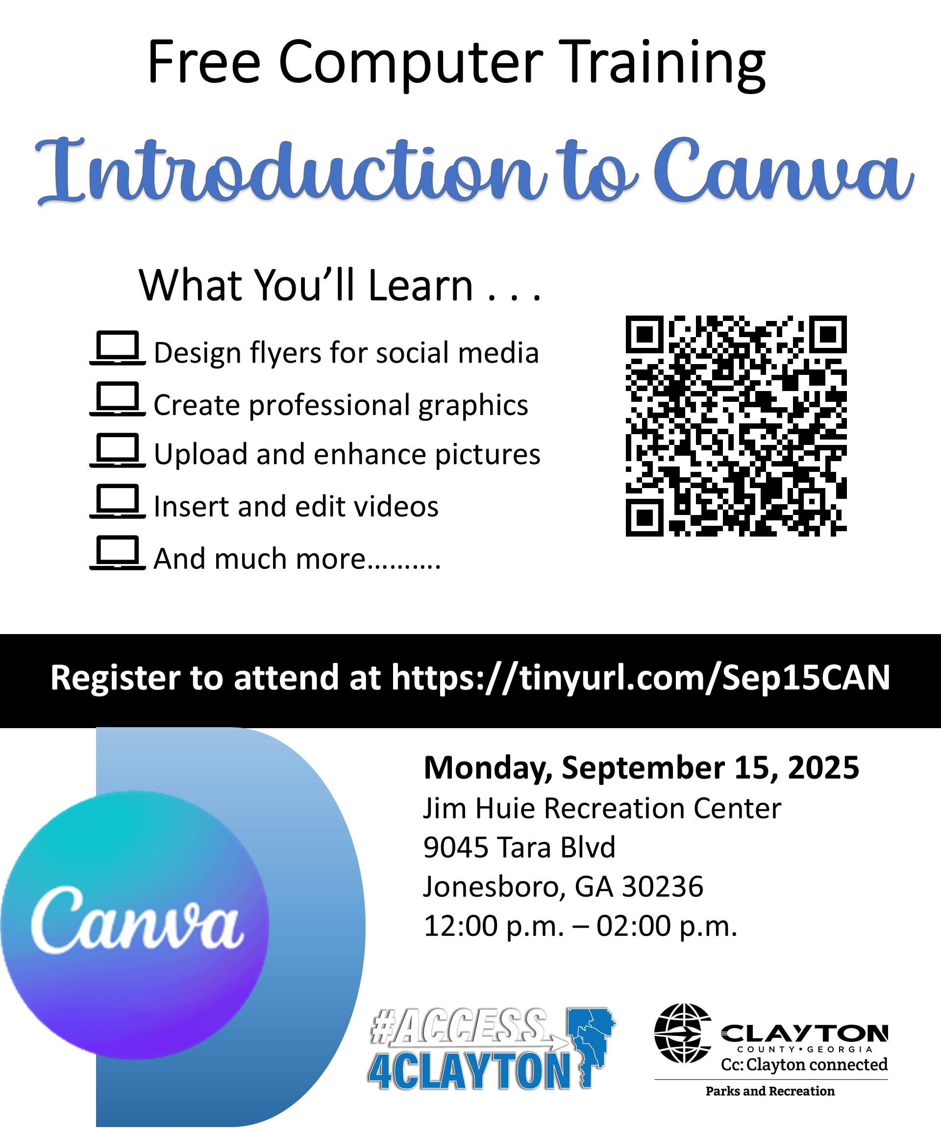 flyer for free 'canva' training on september 15, 2025