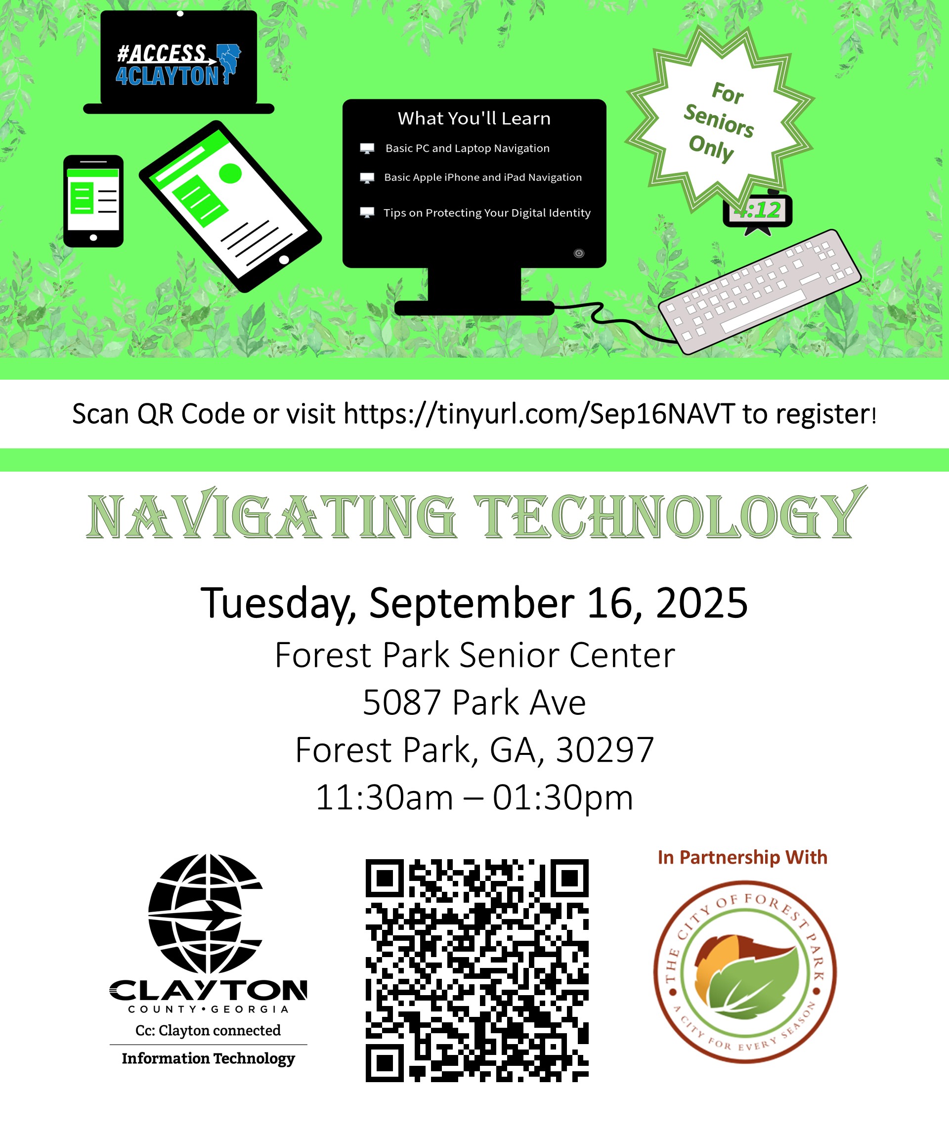 flyer for free 'navigating technology' training on september 16, 2025