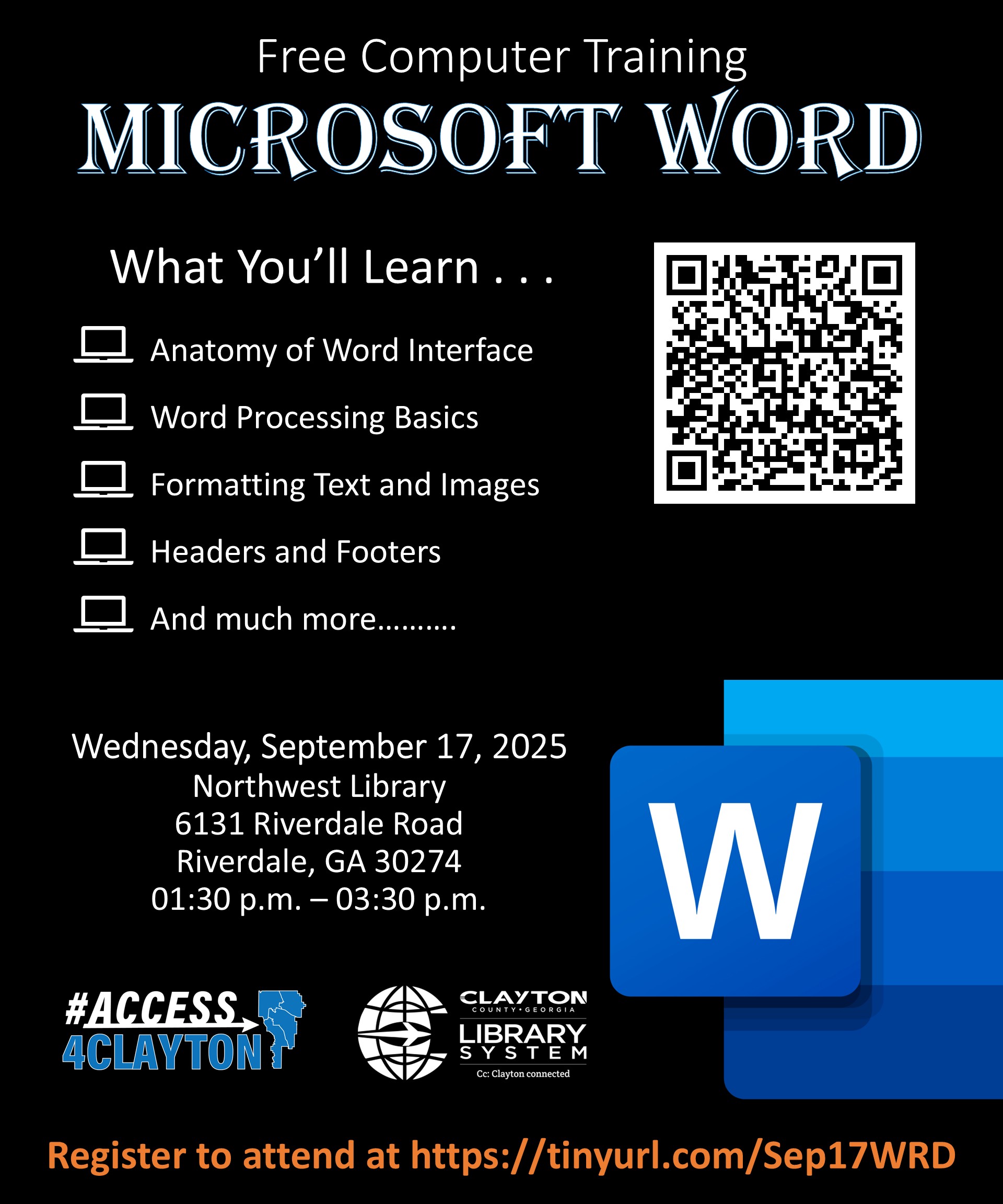flyer for free 'microsoft word' training on september 17, 2025