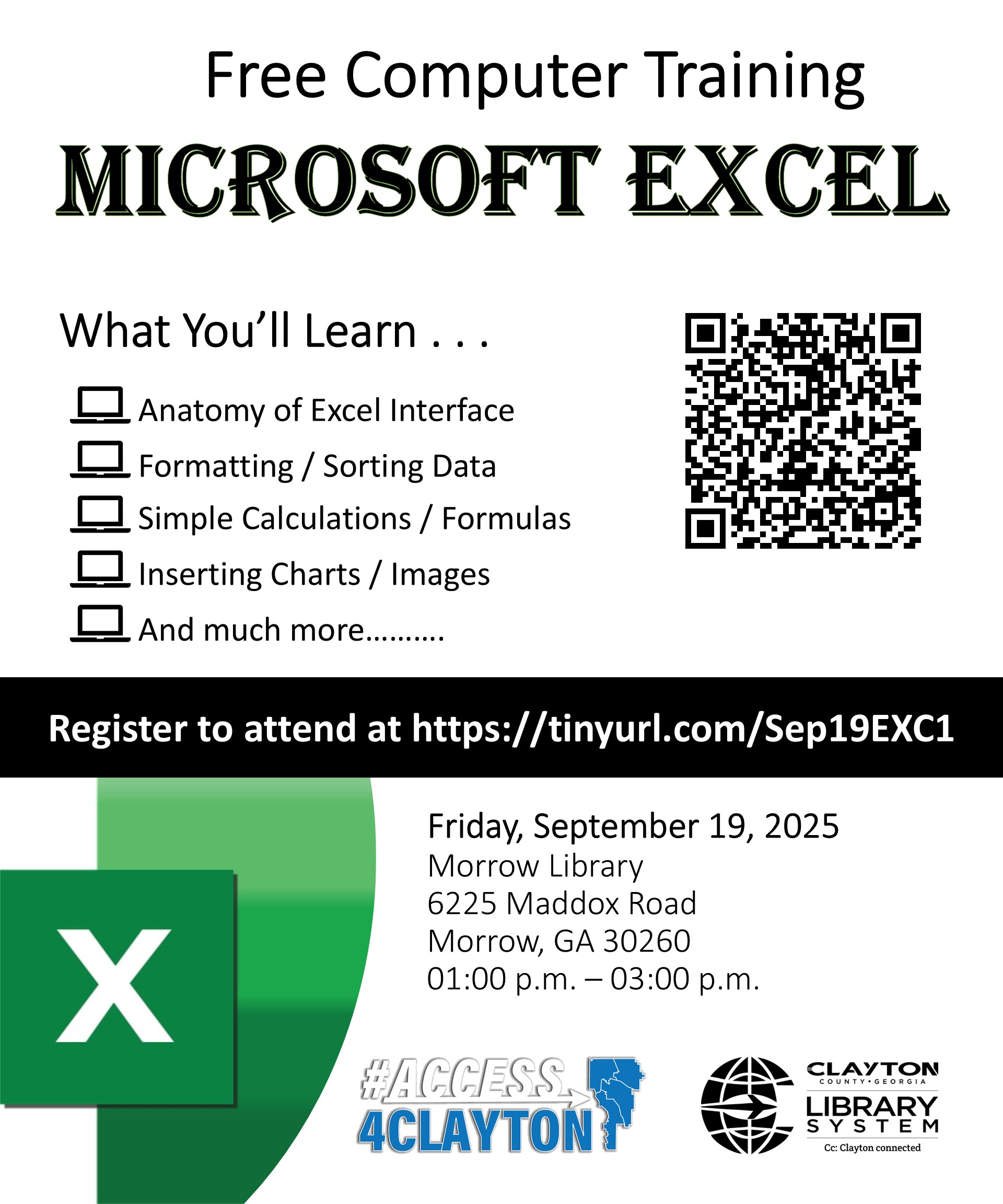 flyer for free 'microsoft excel' training on september 19, 2025