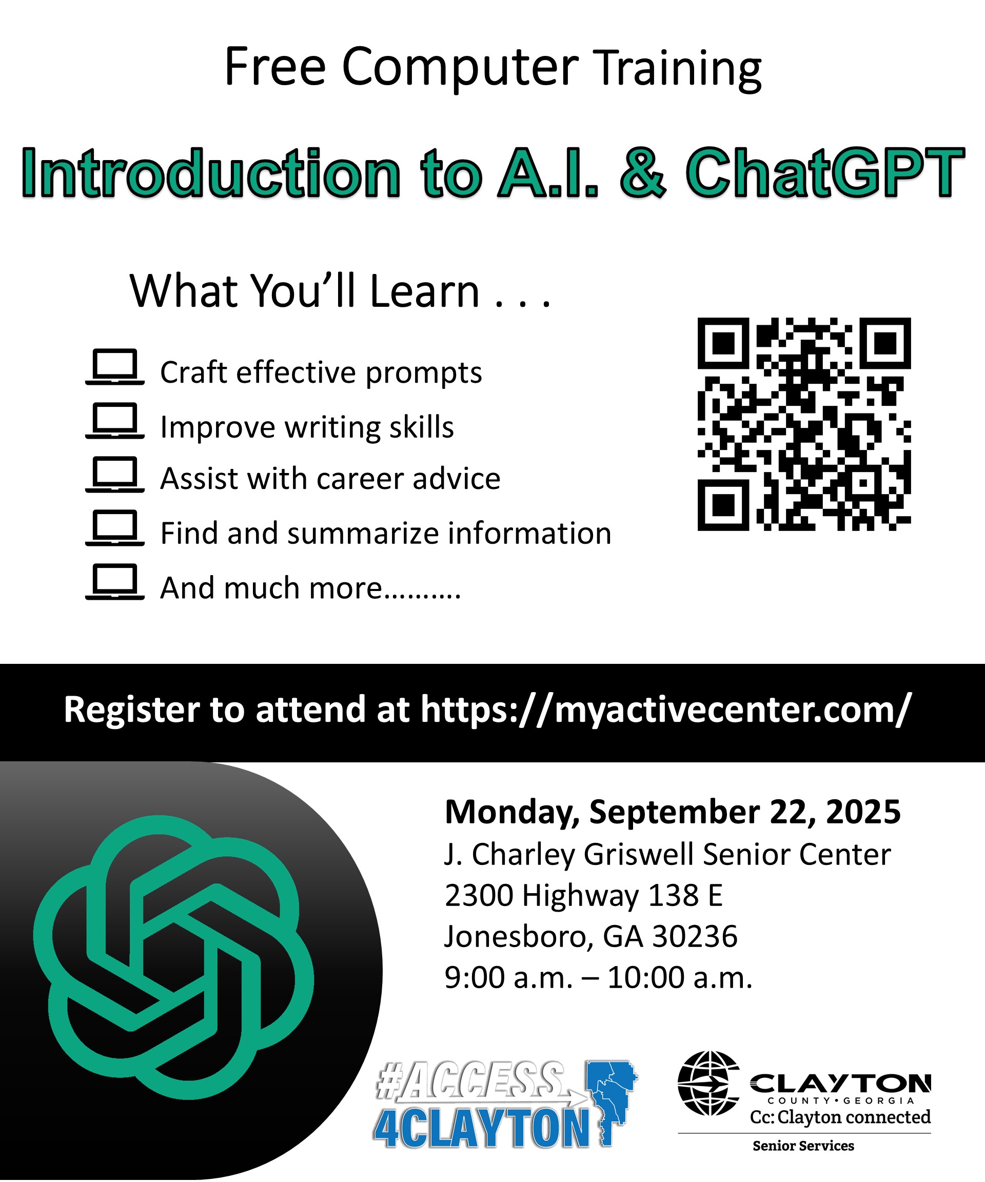 flyer for free 'introduction to a.i. and chat gpt' training on september 22, 2025