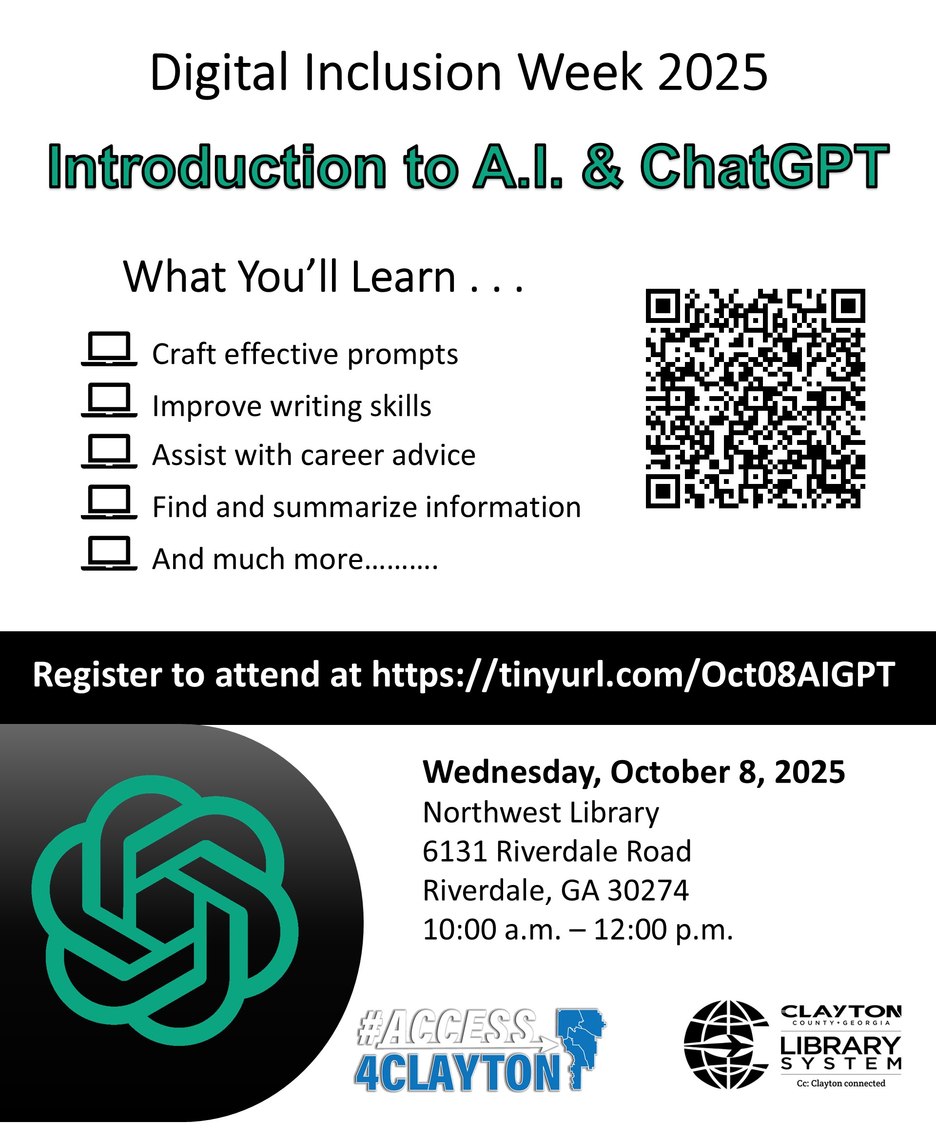 flyer for free 'introduction to a.i. and chat gpt' training on october 8, 2025