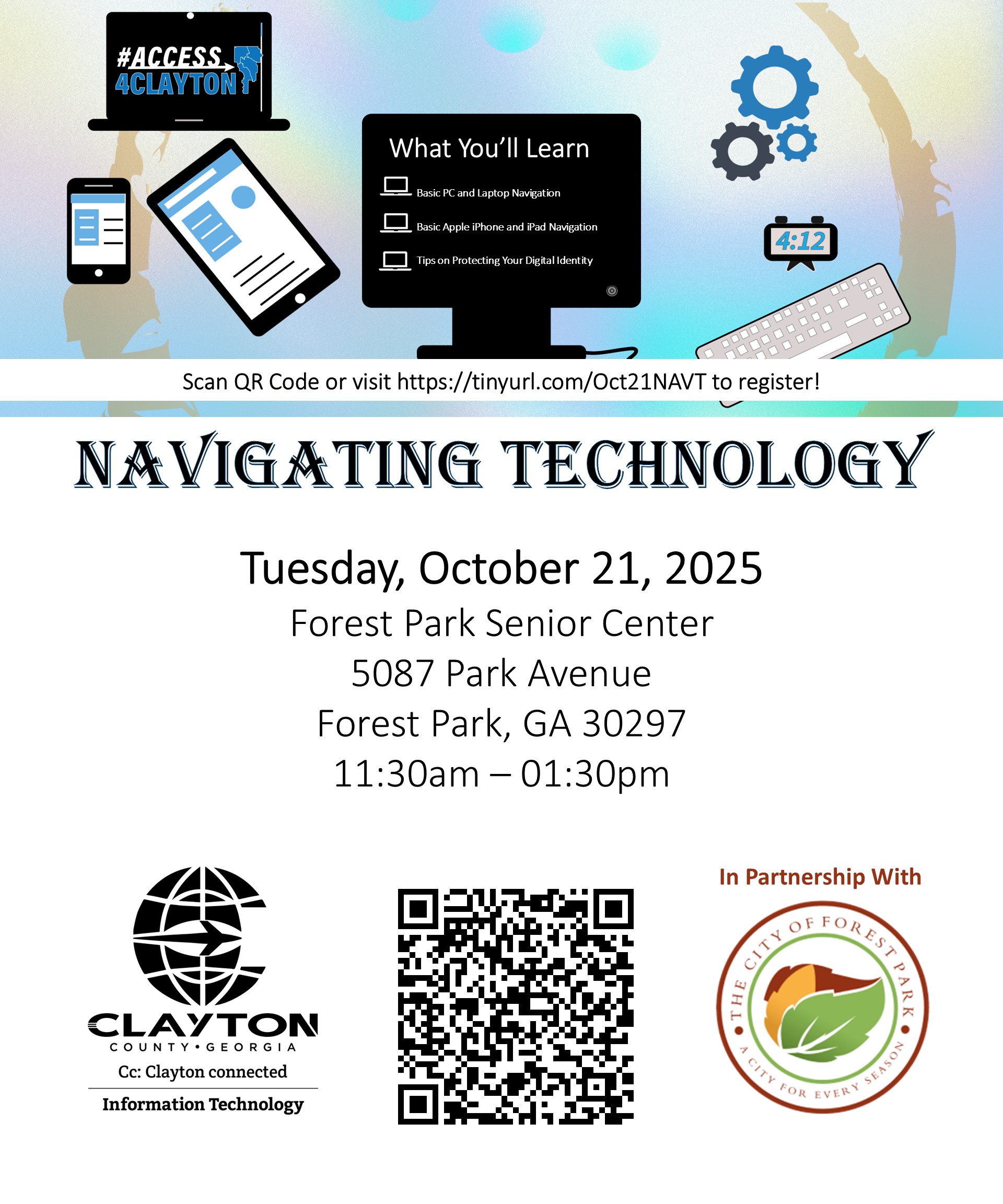 flyer for free 'navigating technology' training on october 21, 2025