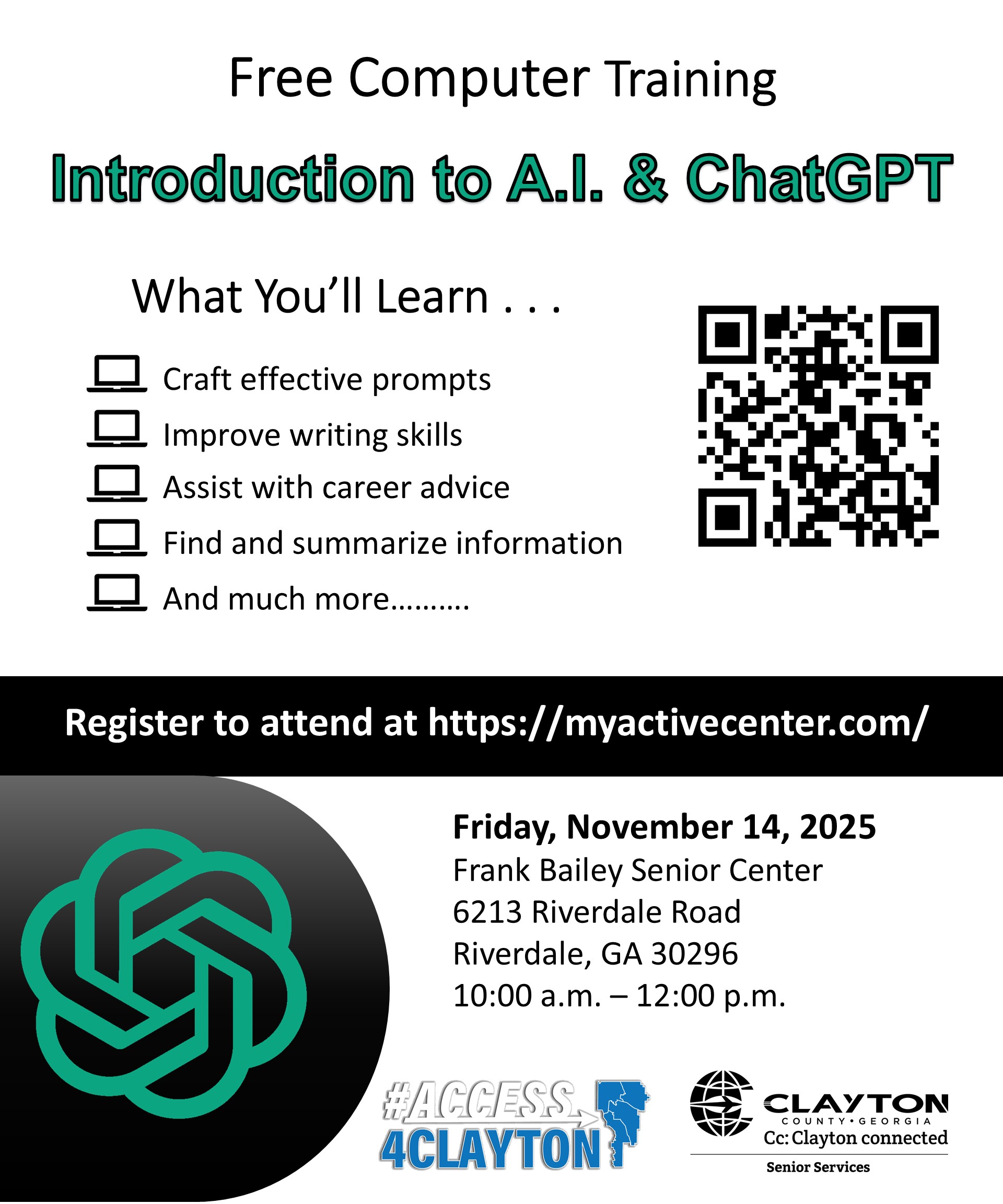 flyer for free 'introduction to a.i. and chat gpt' training on november 14, 2025