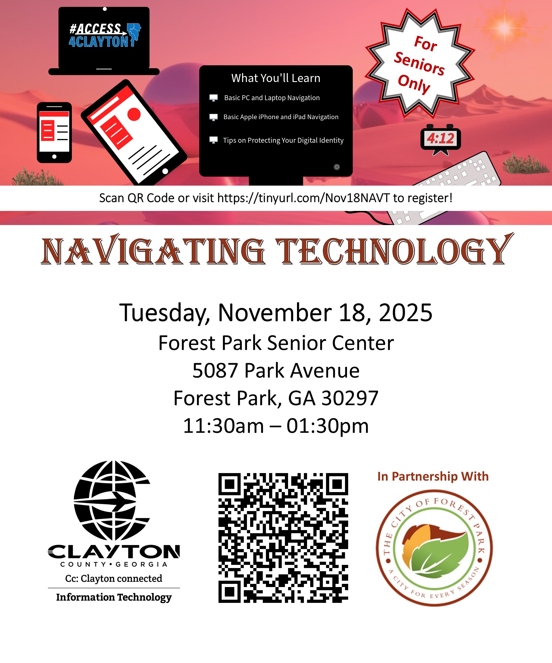 flyer for free 'navigating technology' training on november 18, 2025