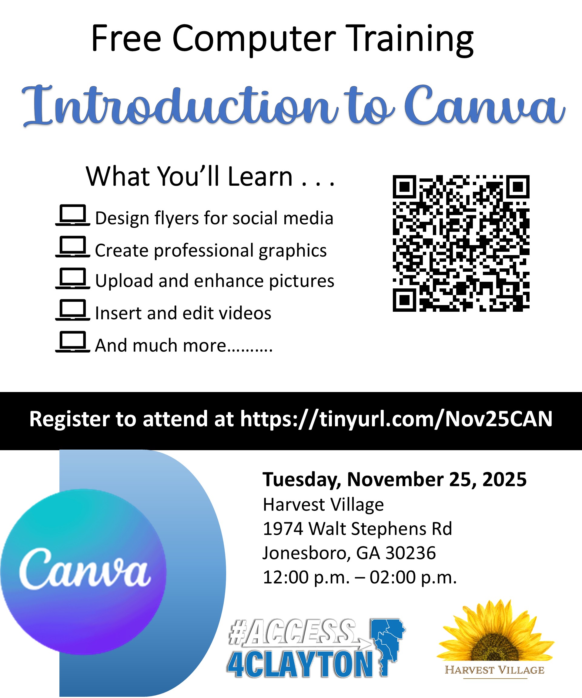 flyer for free 'canva' training on november 24, 2025