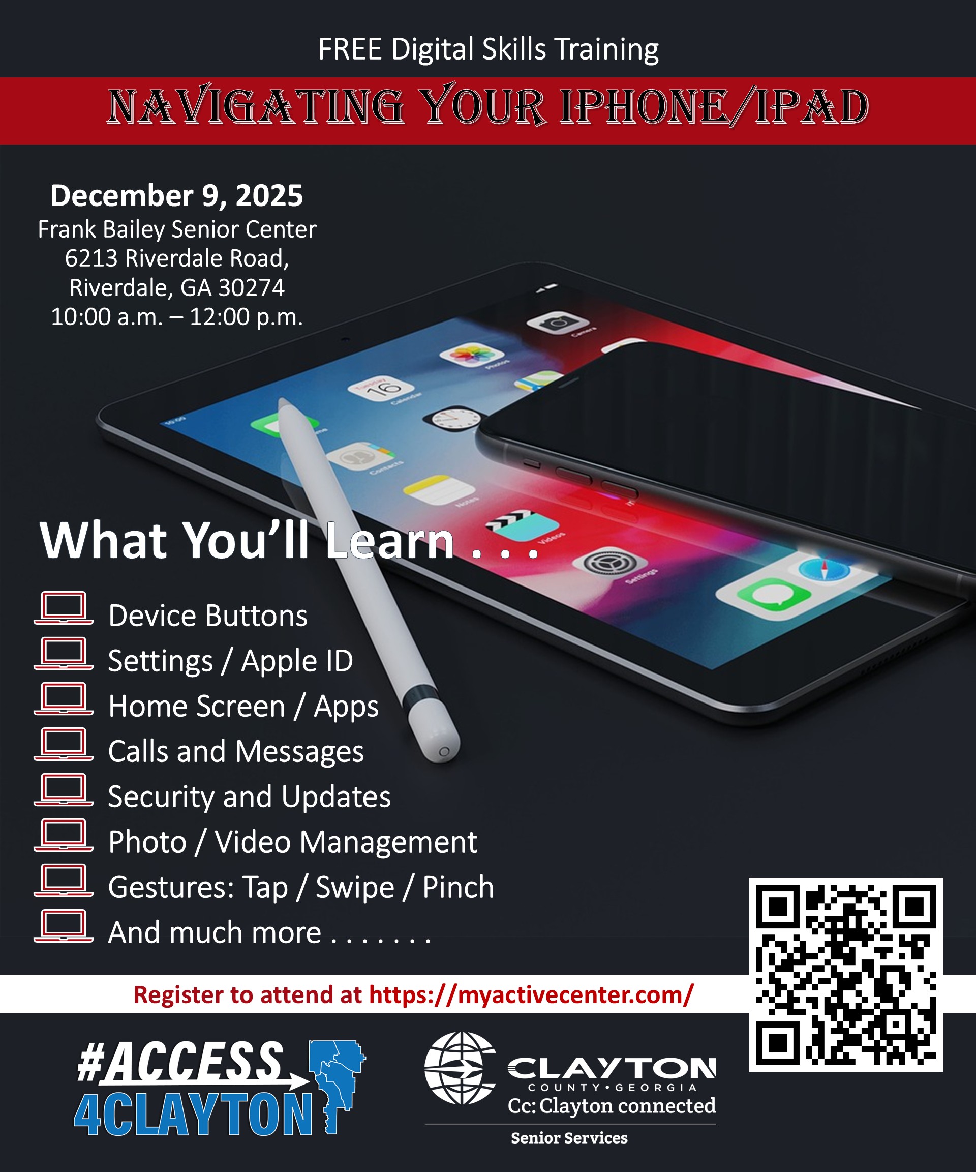flyer for free 'navigating your ipone/ipad' training on december 9, 2025