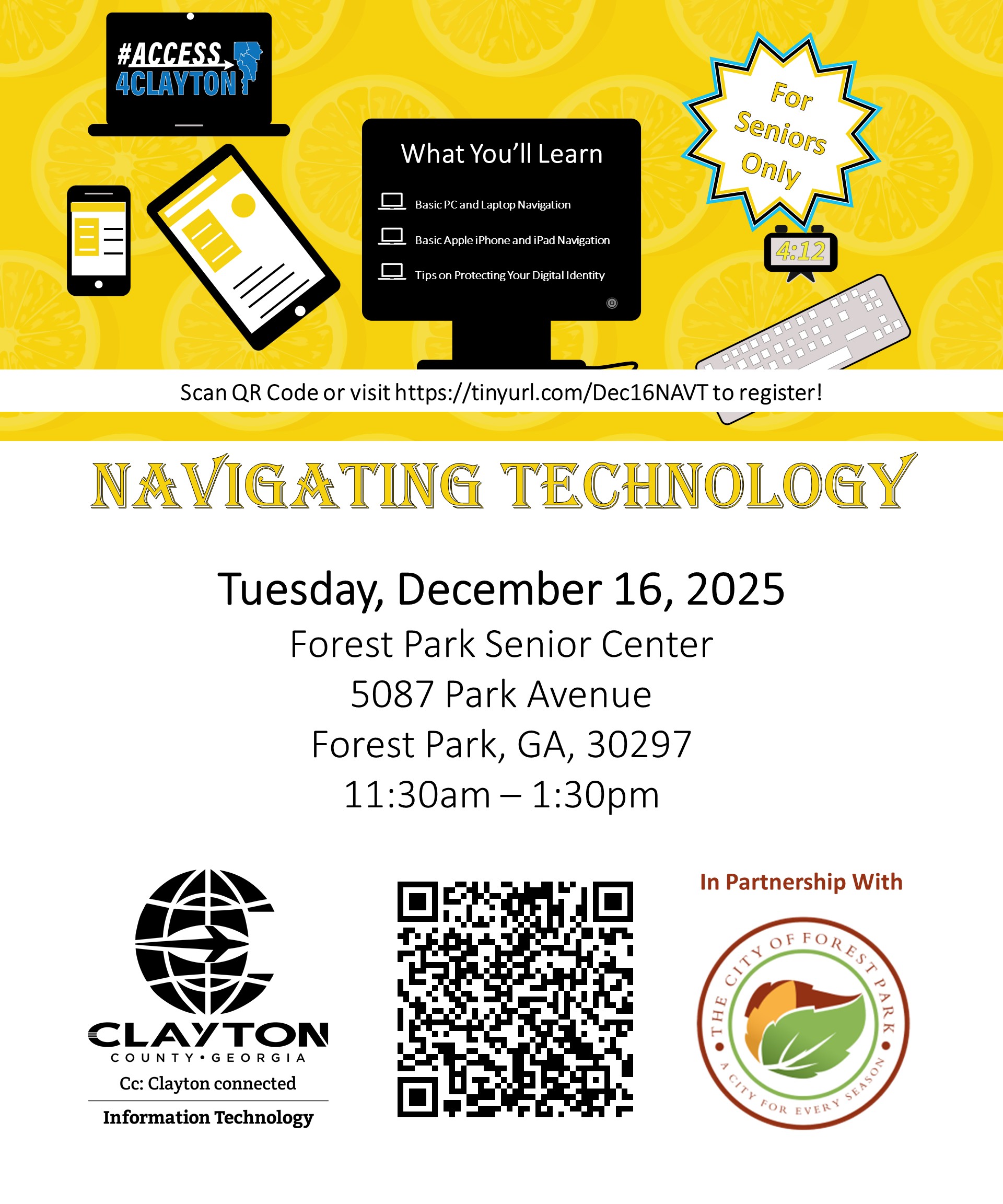 flyer for free 'navigating technology' training on december 16, 2025