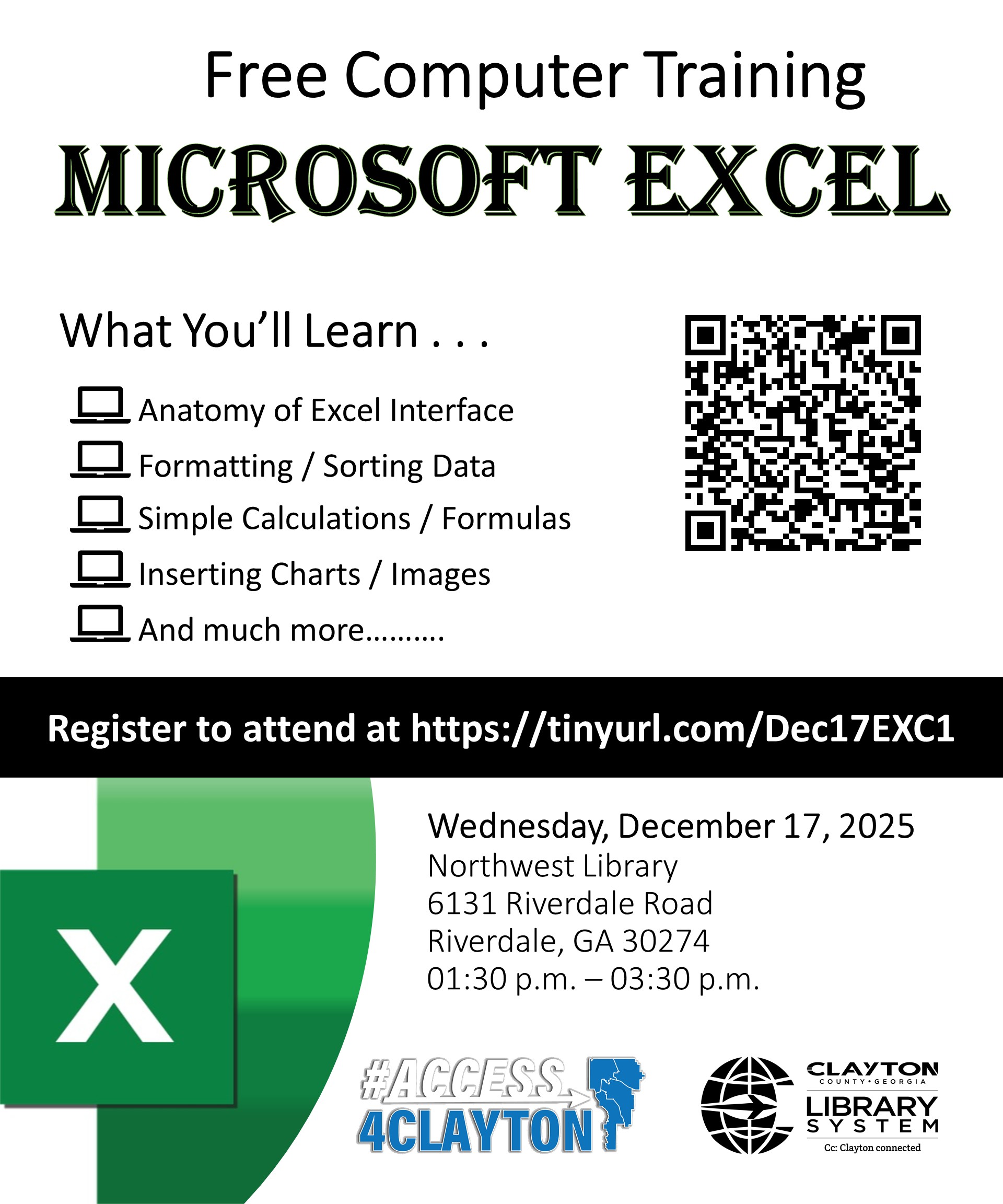 flyer for free 'microsoft excel' training on december 17, 2025