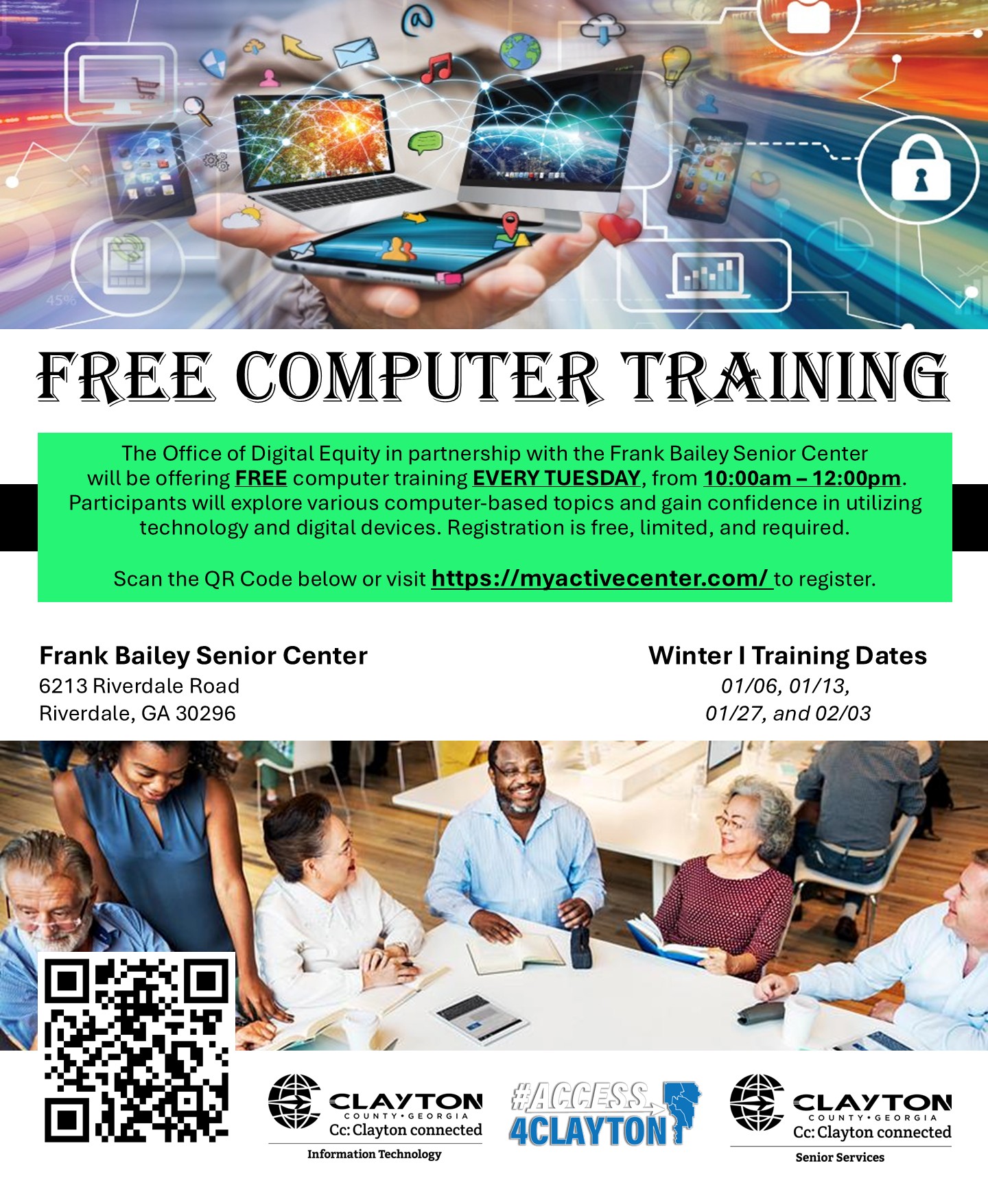 flyer for free computer training at frank bailey senior center every tuesday morning from january 6, 2026 through february 3, 2026