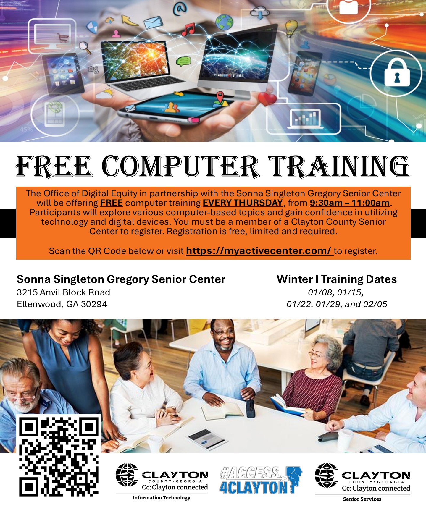 flyer for free computer training at sonna singleton gregory senior center every thursday morning from january 8, 2026 through february 5, 2026