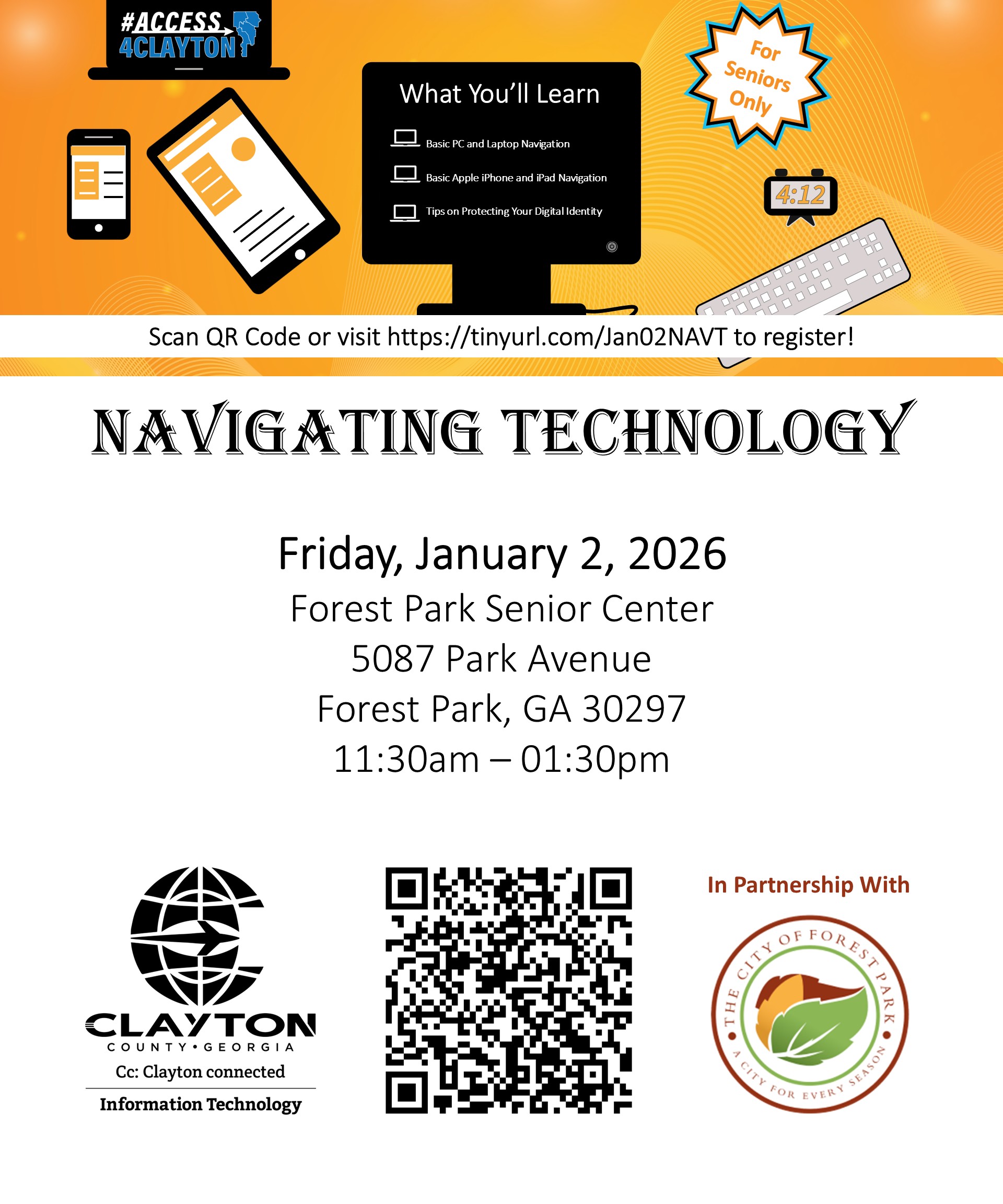 flyer for free 'navigating technology' training on january 2, 2026