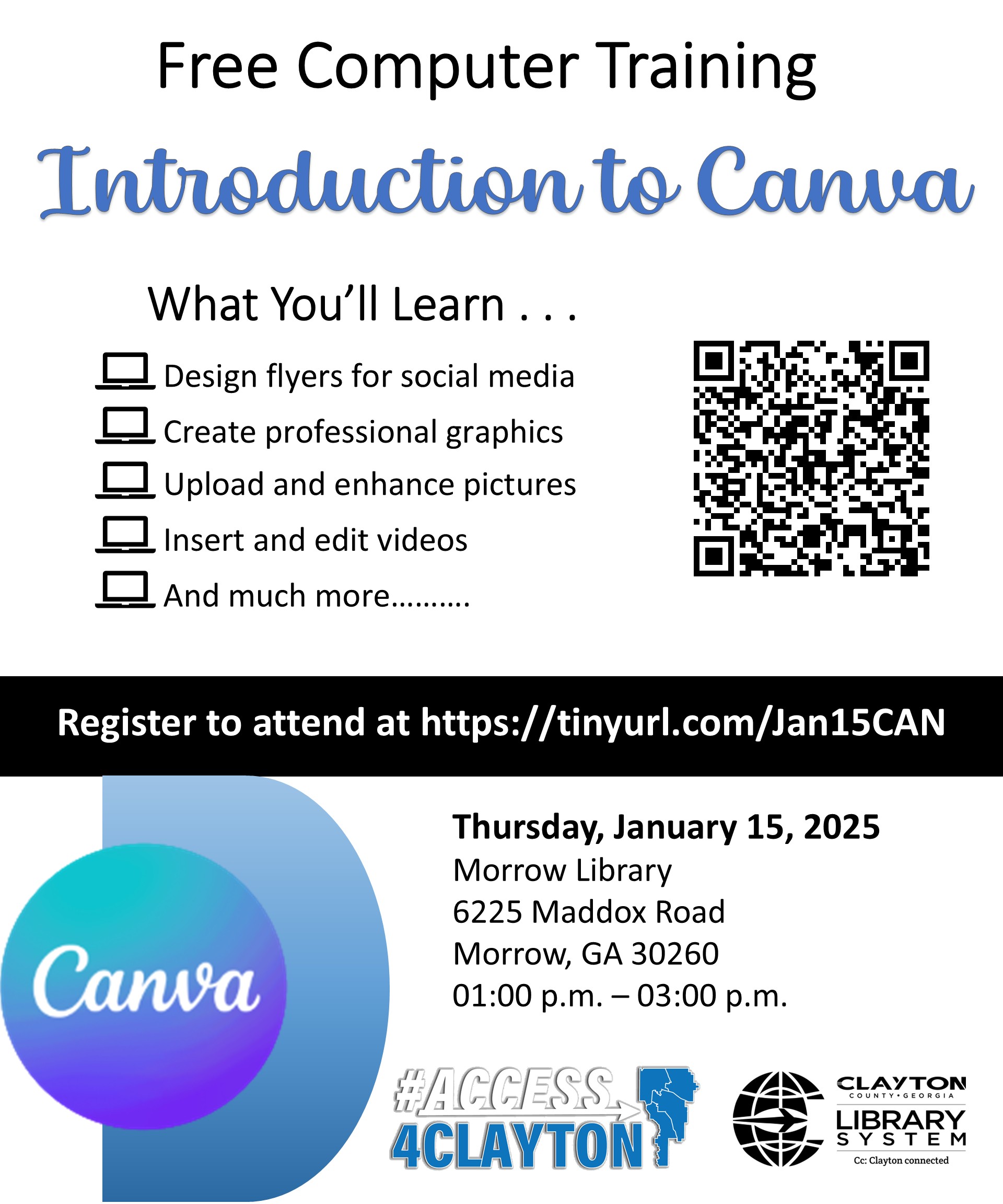 flyer for free 'canva' training on january 15, 2026