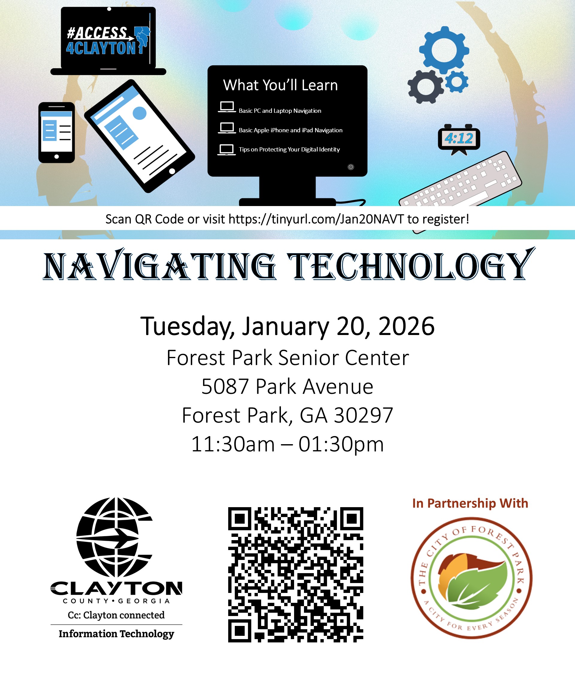 flyer for free 'navigating technology' training on january 20, 2026