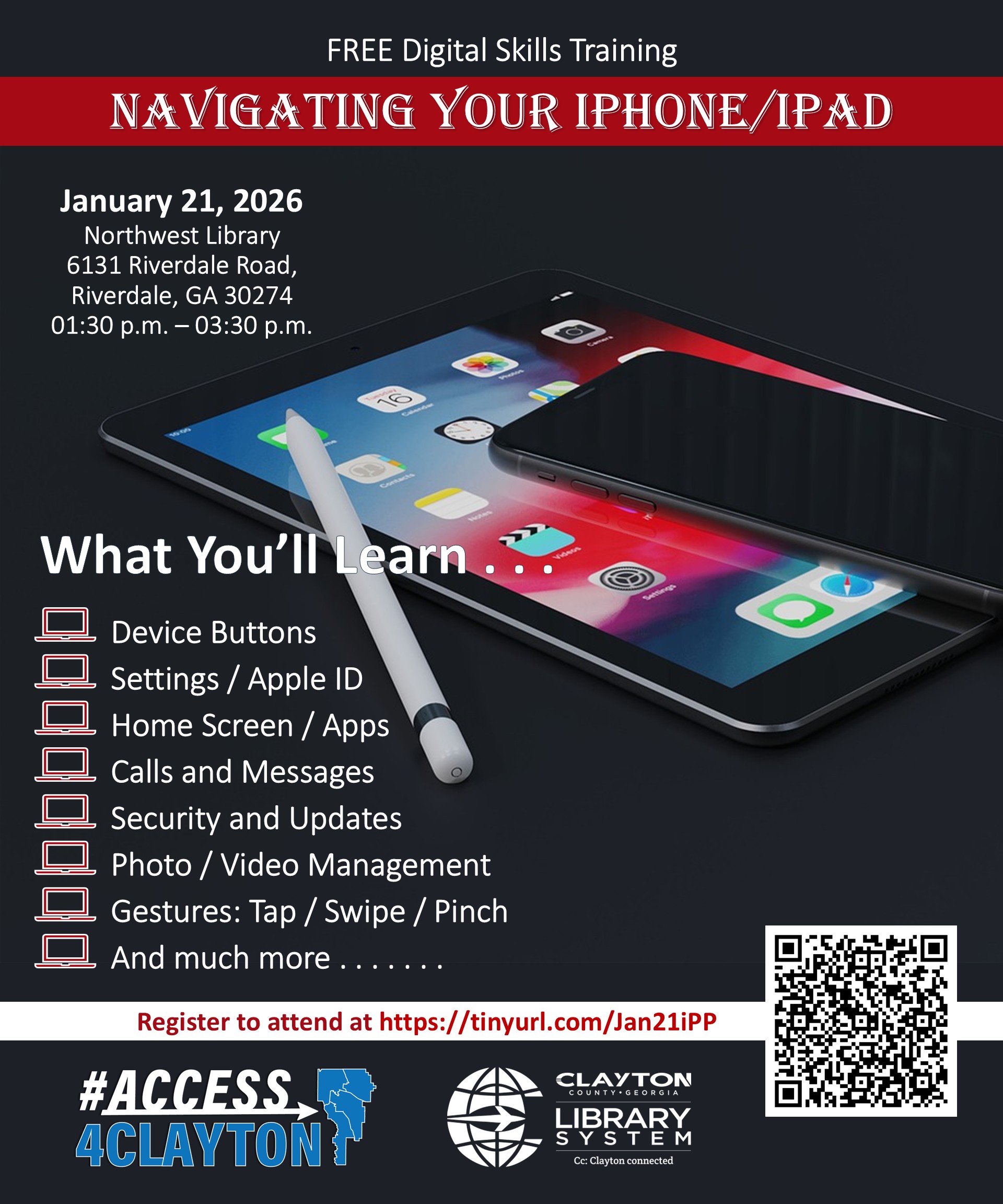 flyer for free 'navigating your ipone/ipad' training on january 21, 2026