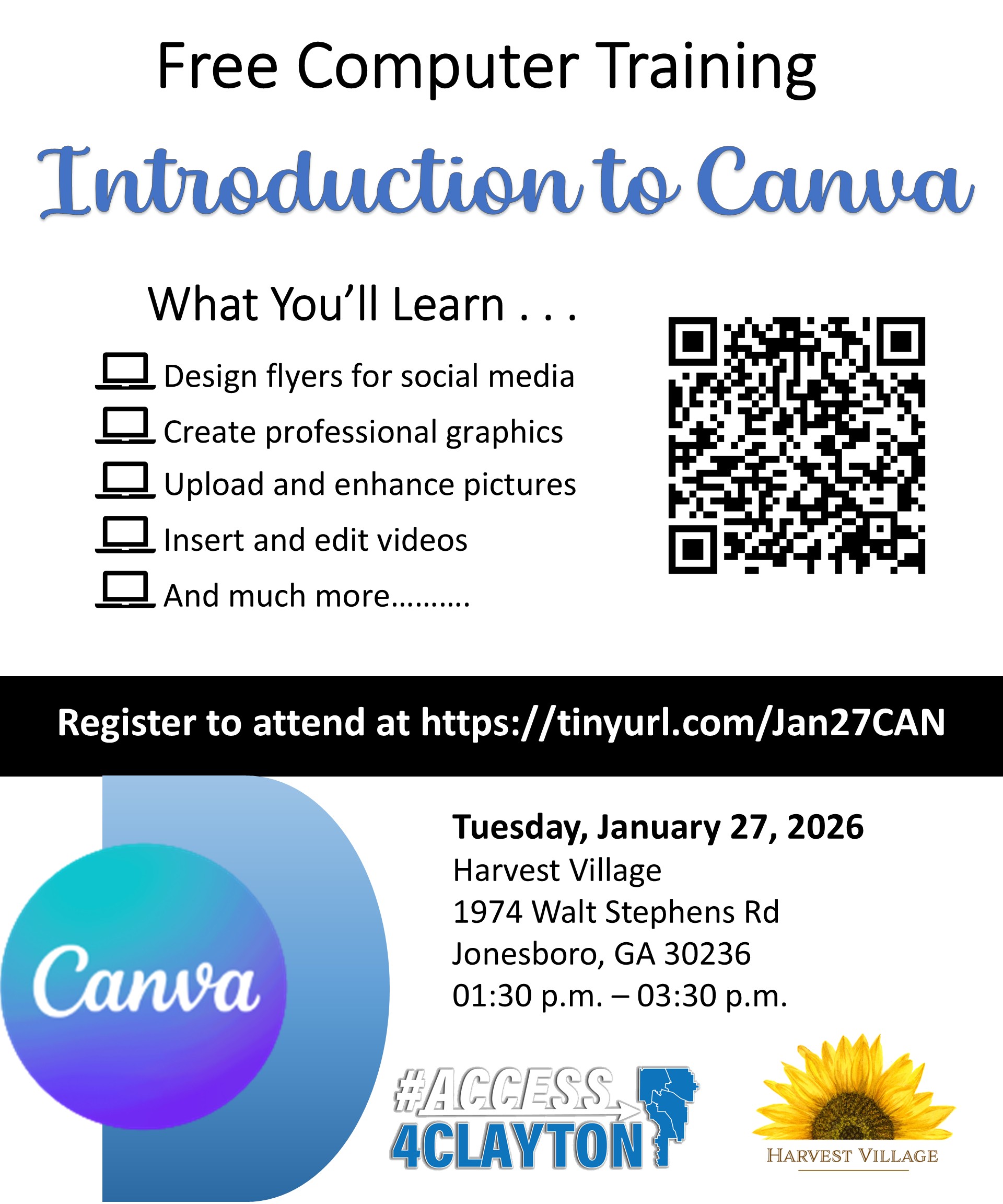 flyer for free 'canva' training on january 27, 2026