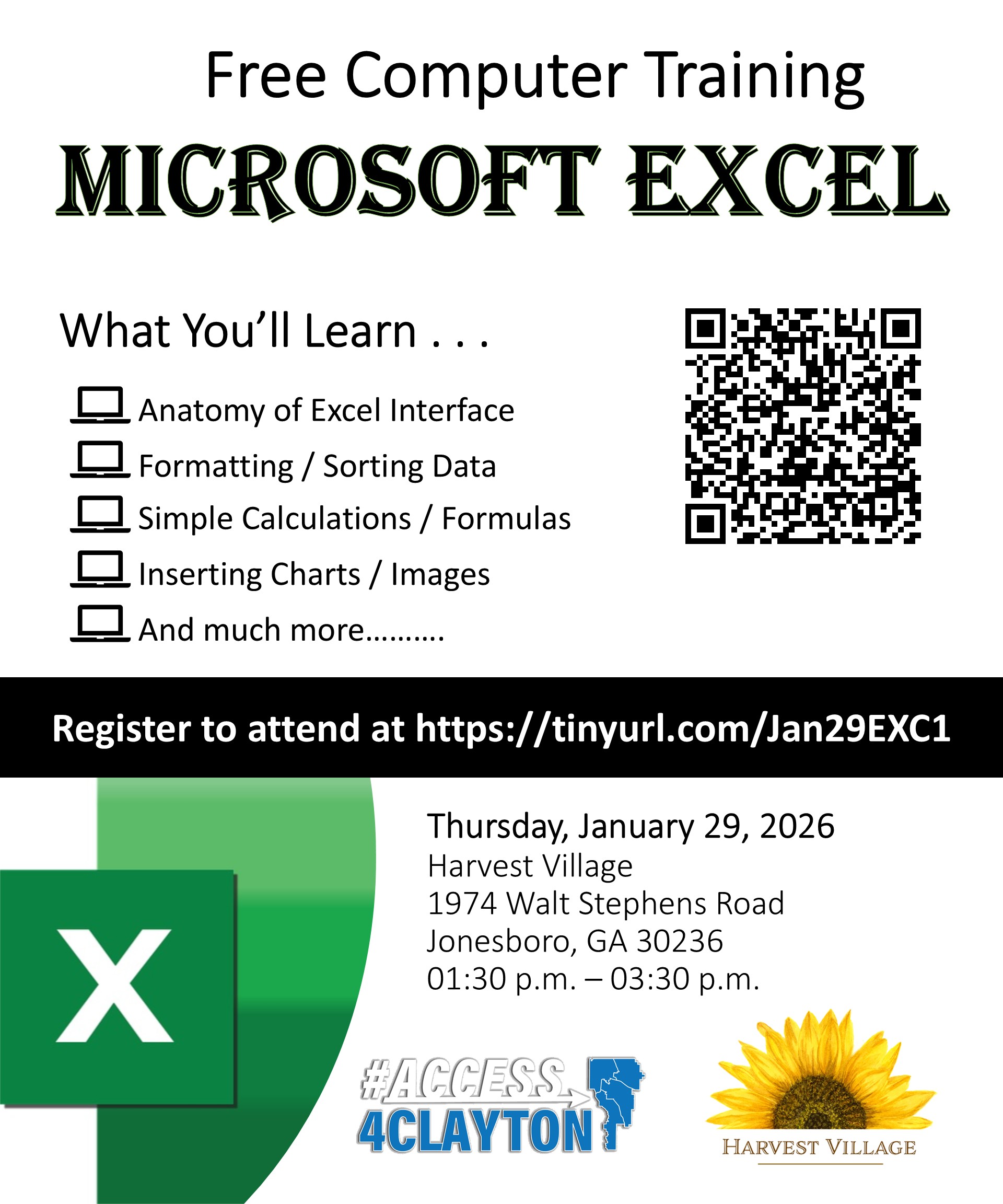 flyer for free 'microsoft excel' training on january 29, 2026
