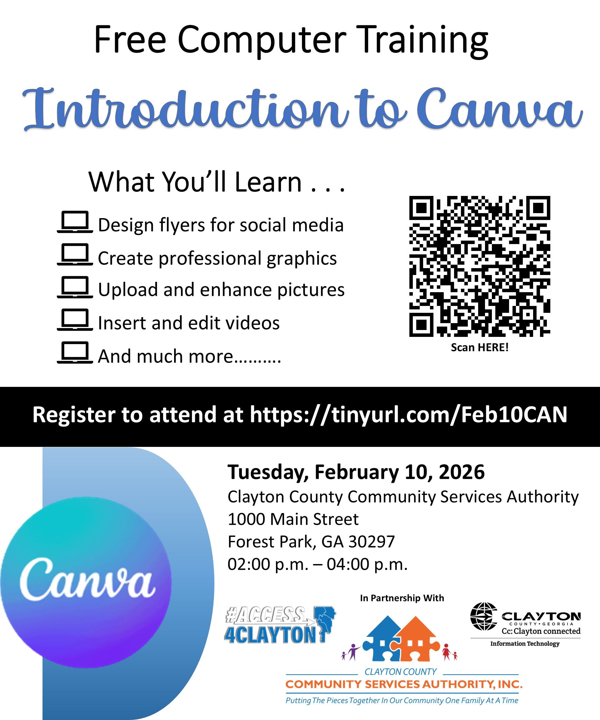 flyer for free 'canva' training on february 10, 2026