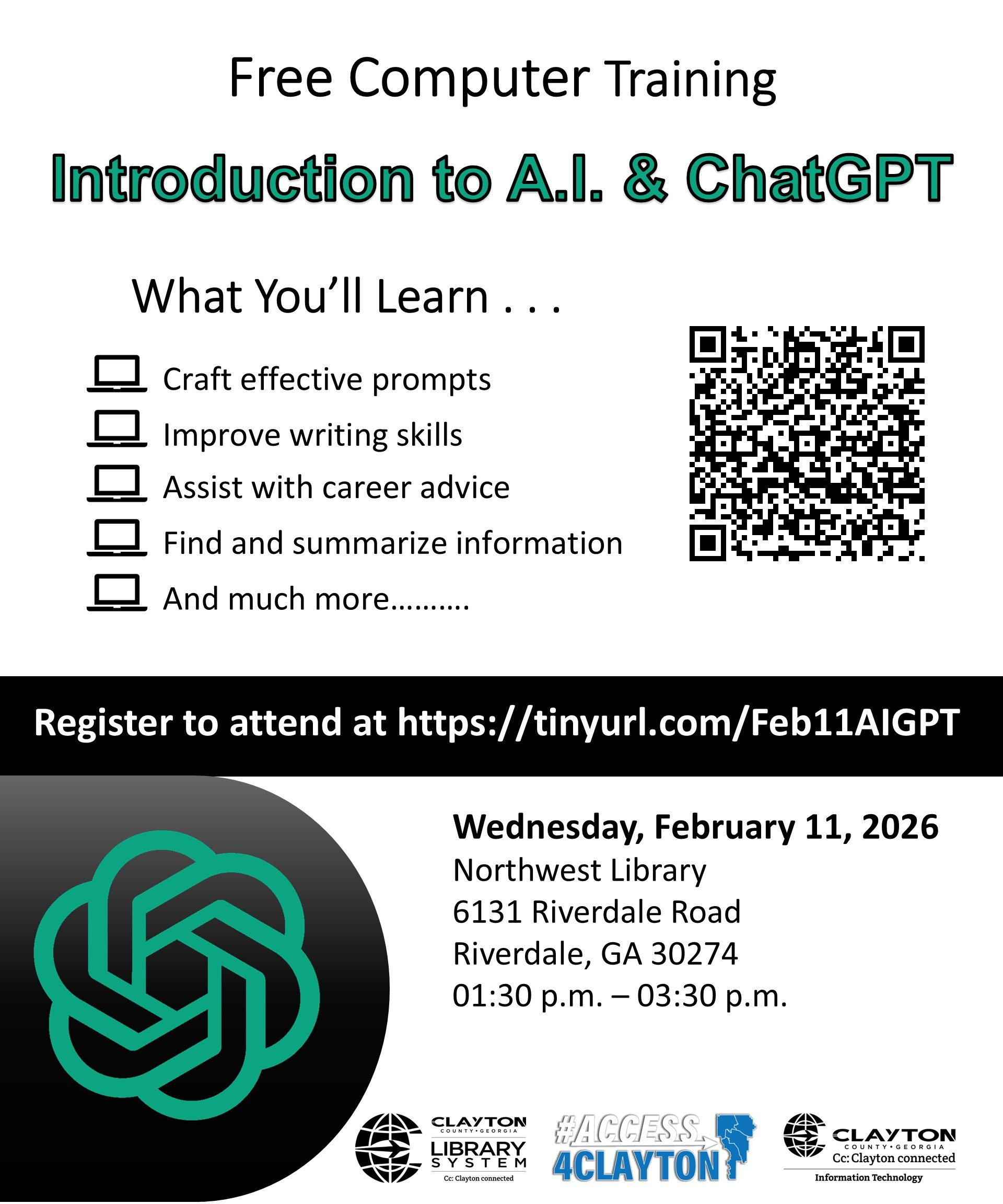 flyer for free 'introduction to a.i. and chat gpt' training on february 11, 2026