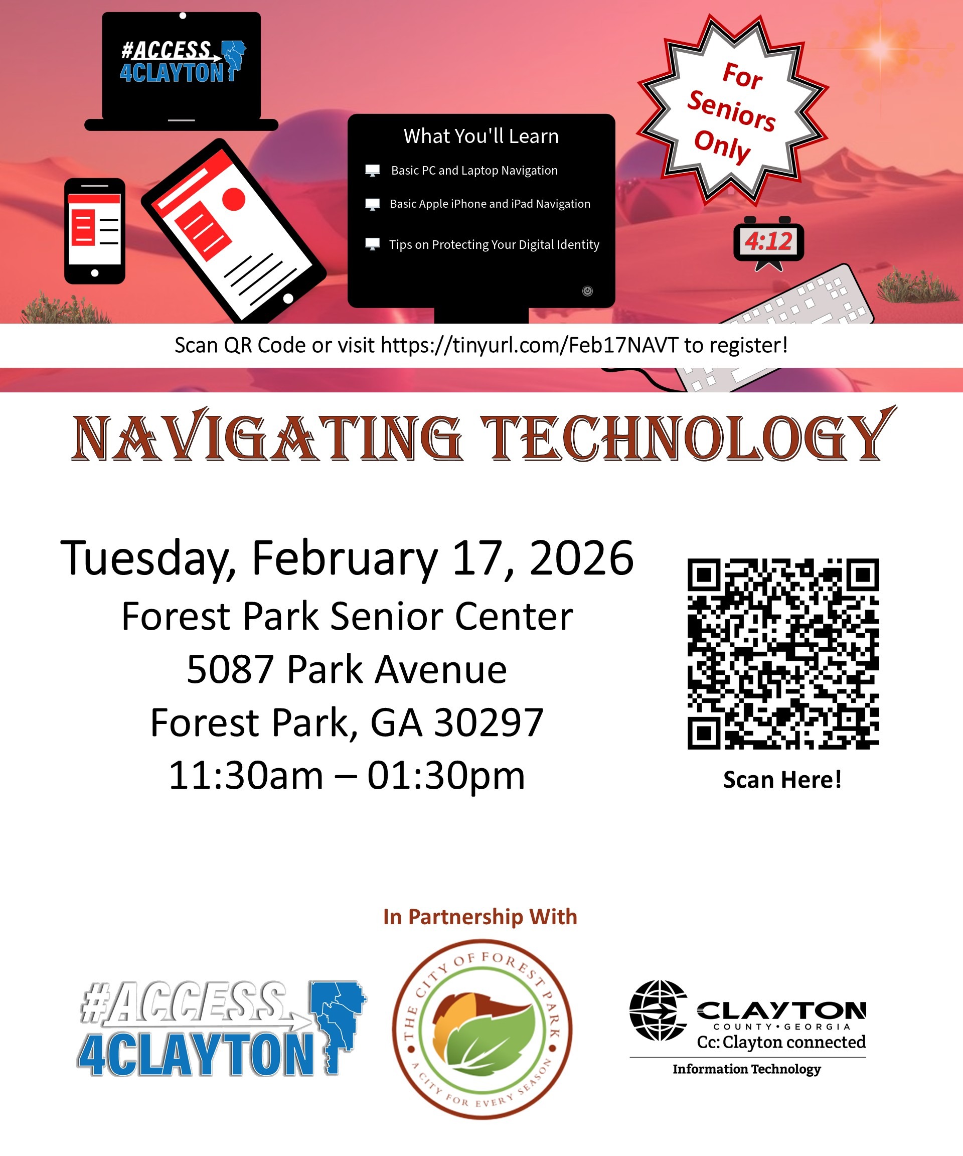 flyer for free 'navigating technology' training on february 17, 2026