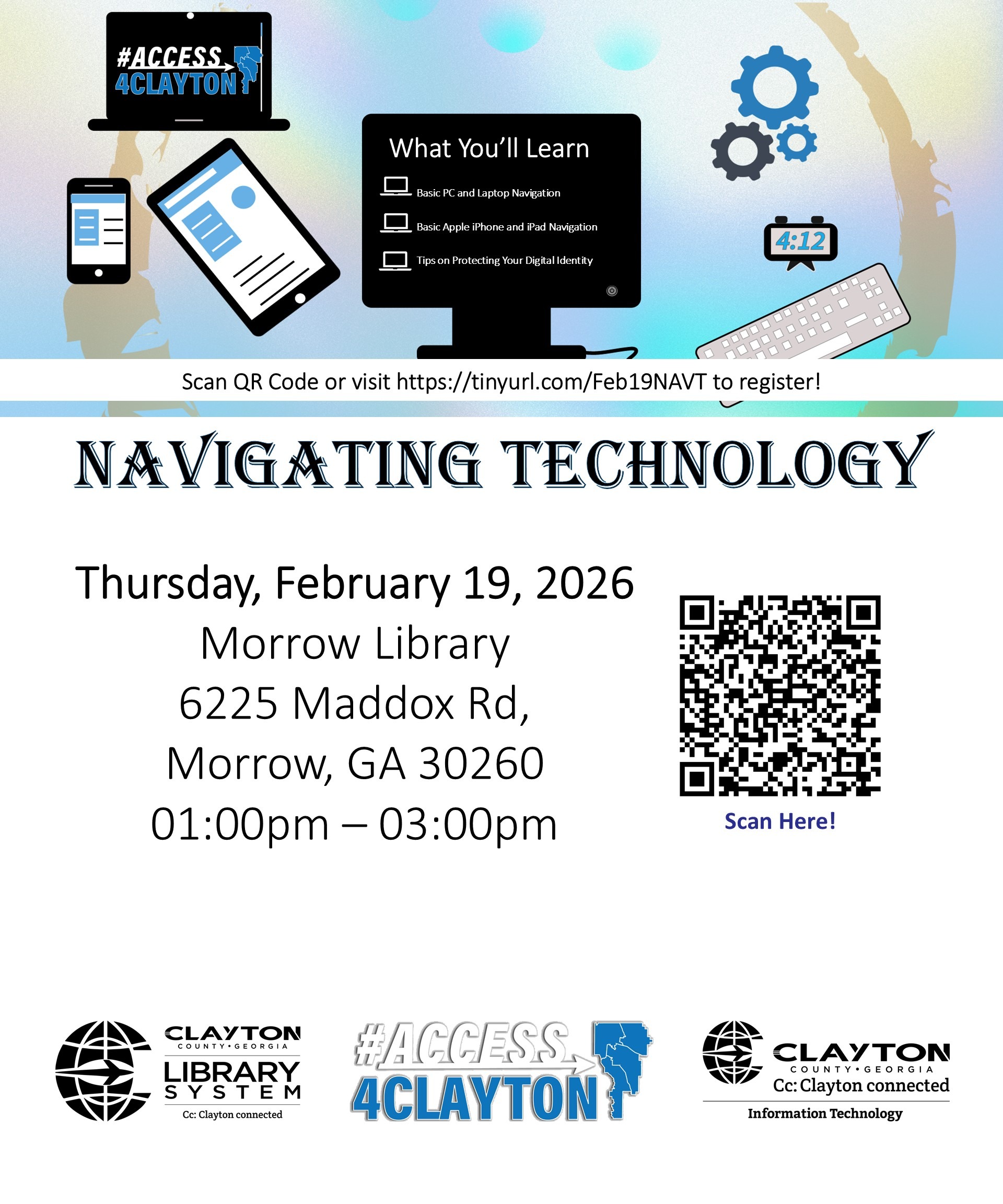 flyer for free 'navigating technology' training on february 19, 2026