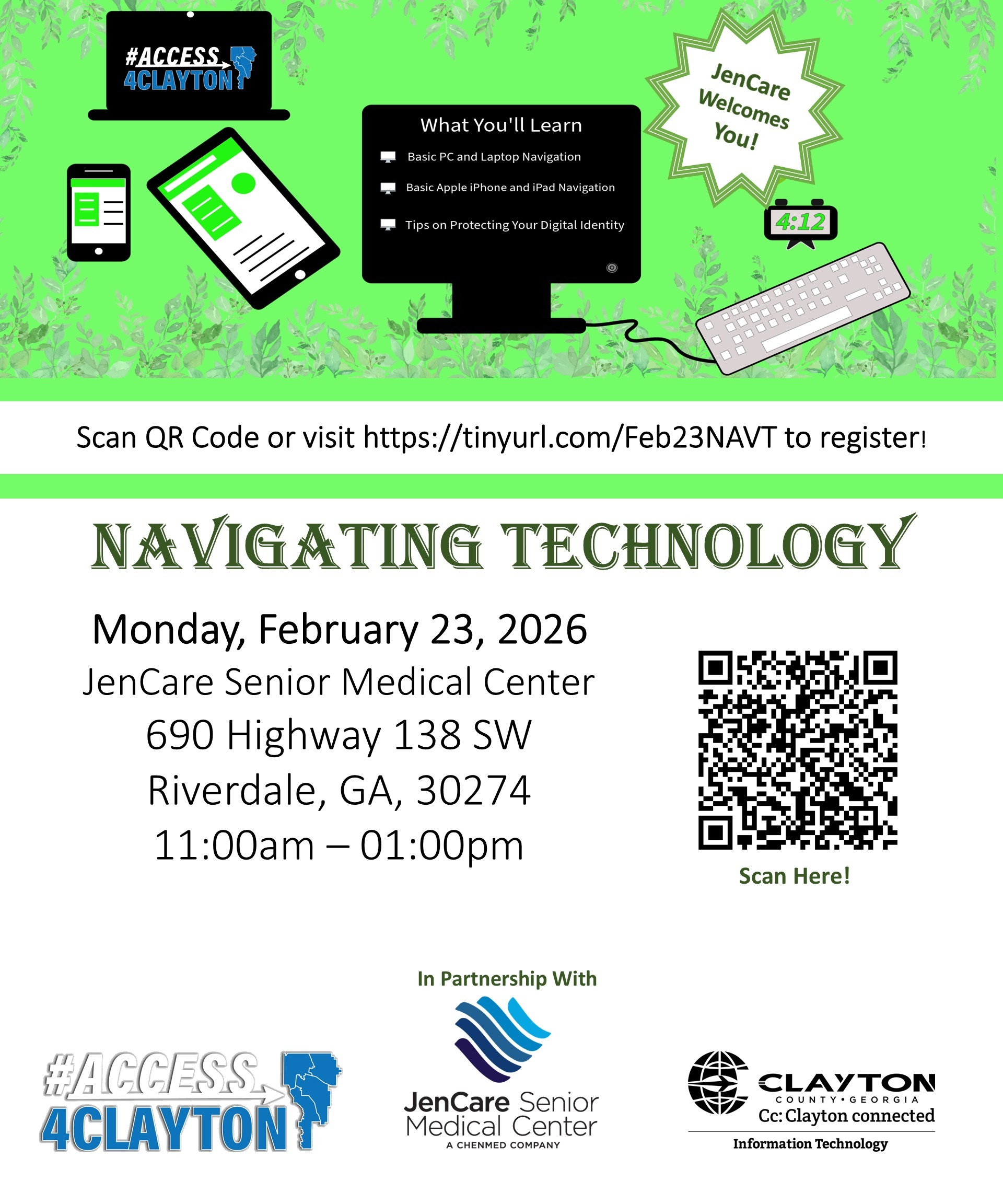 flyer for free 'navigating technology' training on february 23, 2026