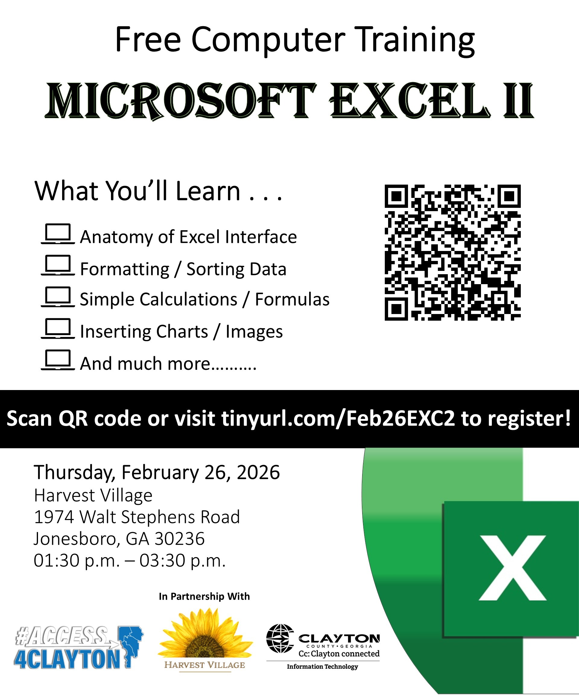 flyer for free 'microsoft excel 2' training on february 26, 2026