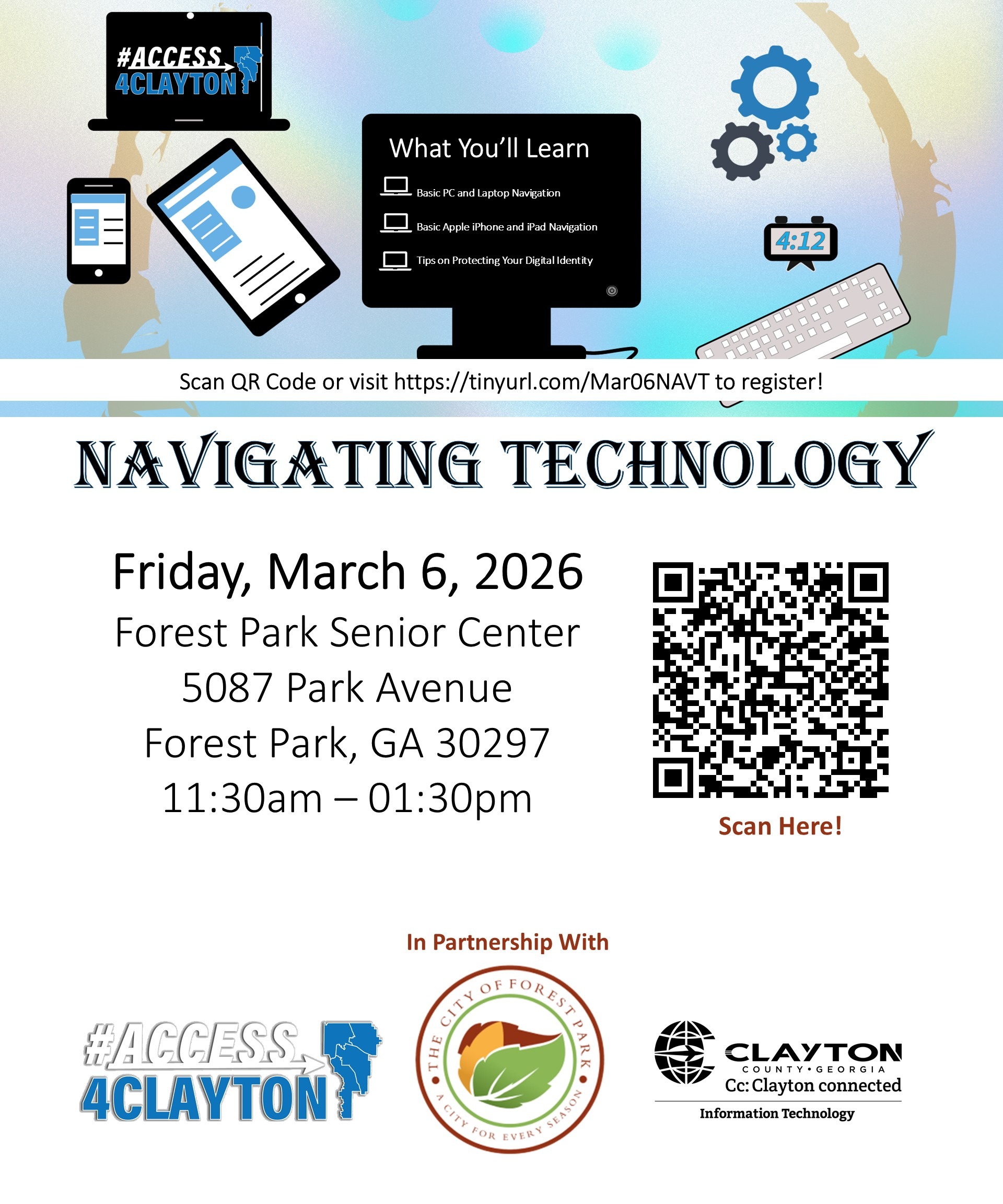 flyer for march 6, 2026 navigating technology training at forest park senior center