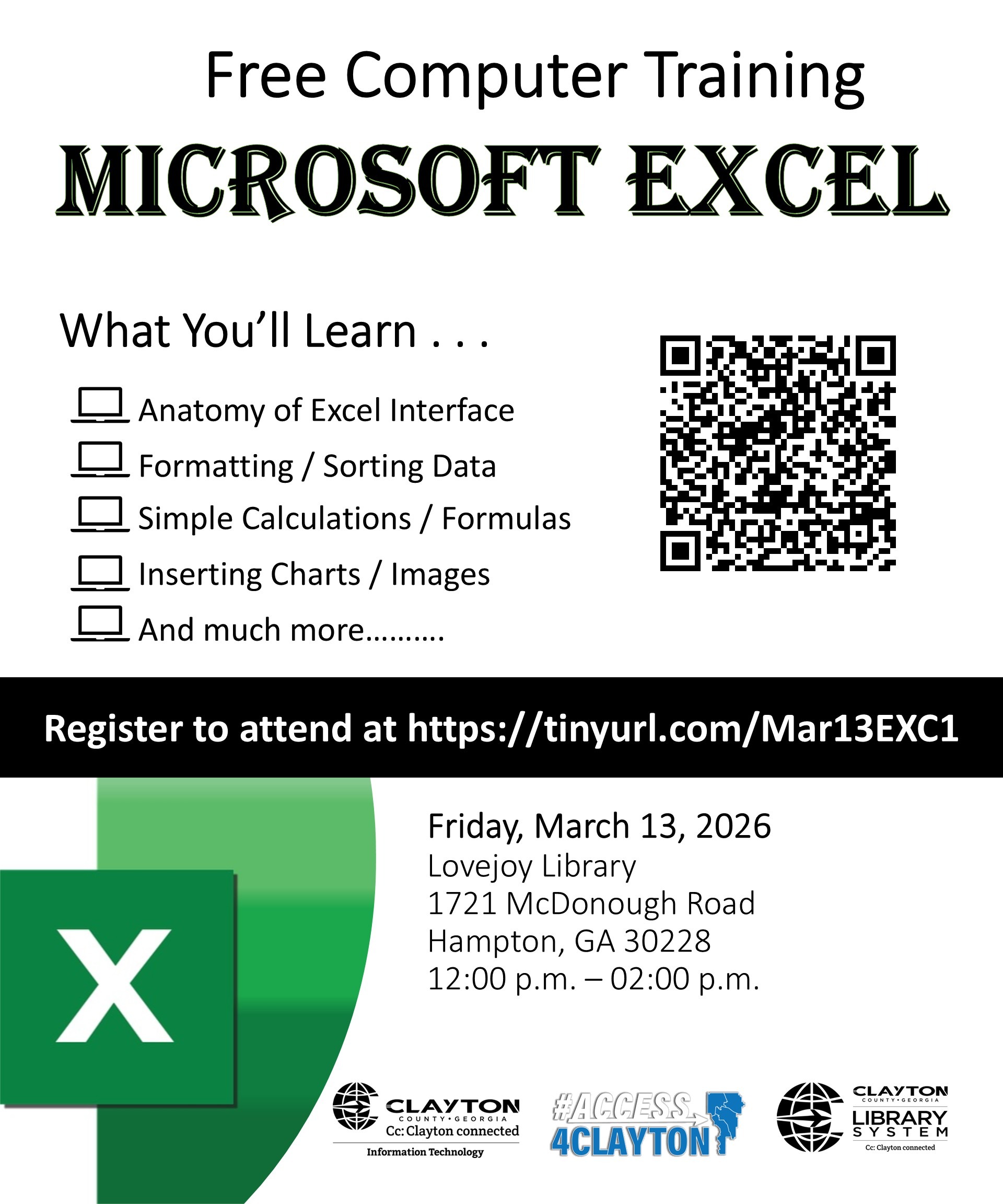 flyer for march 13, 2026 microsoft excel training at lovejoy library