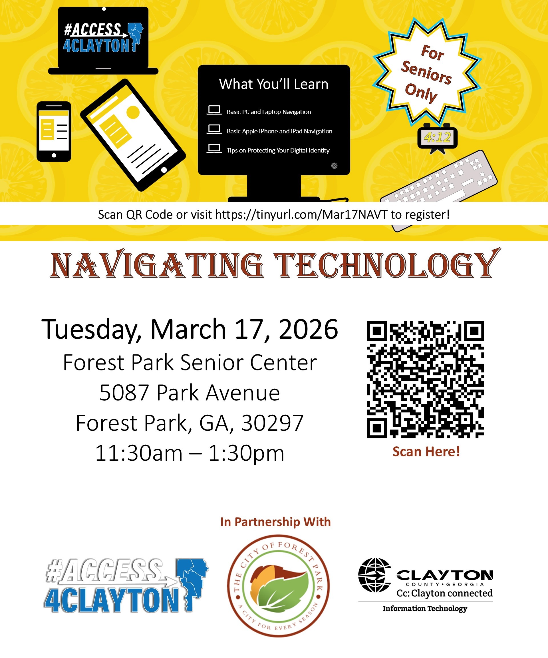 flyer for march 17, 2026 navigating technology training at forest park senior center