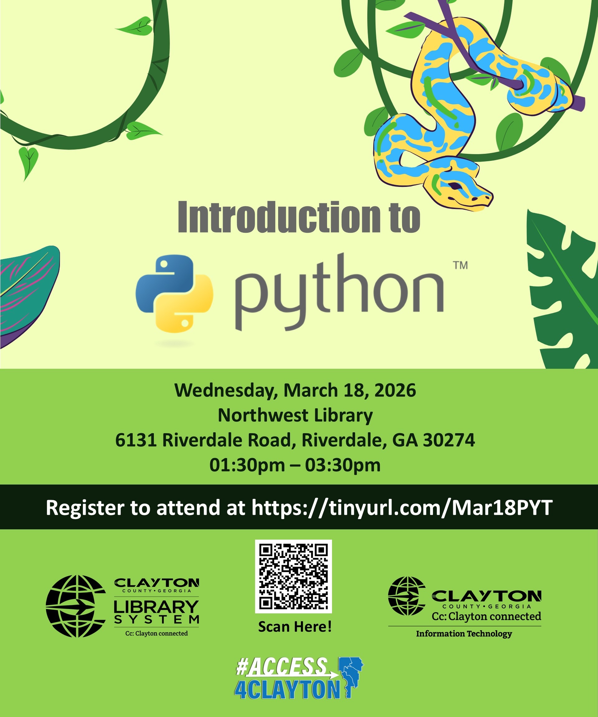 flyer for march 18, 2026 introduction to python training at northwest library