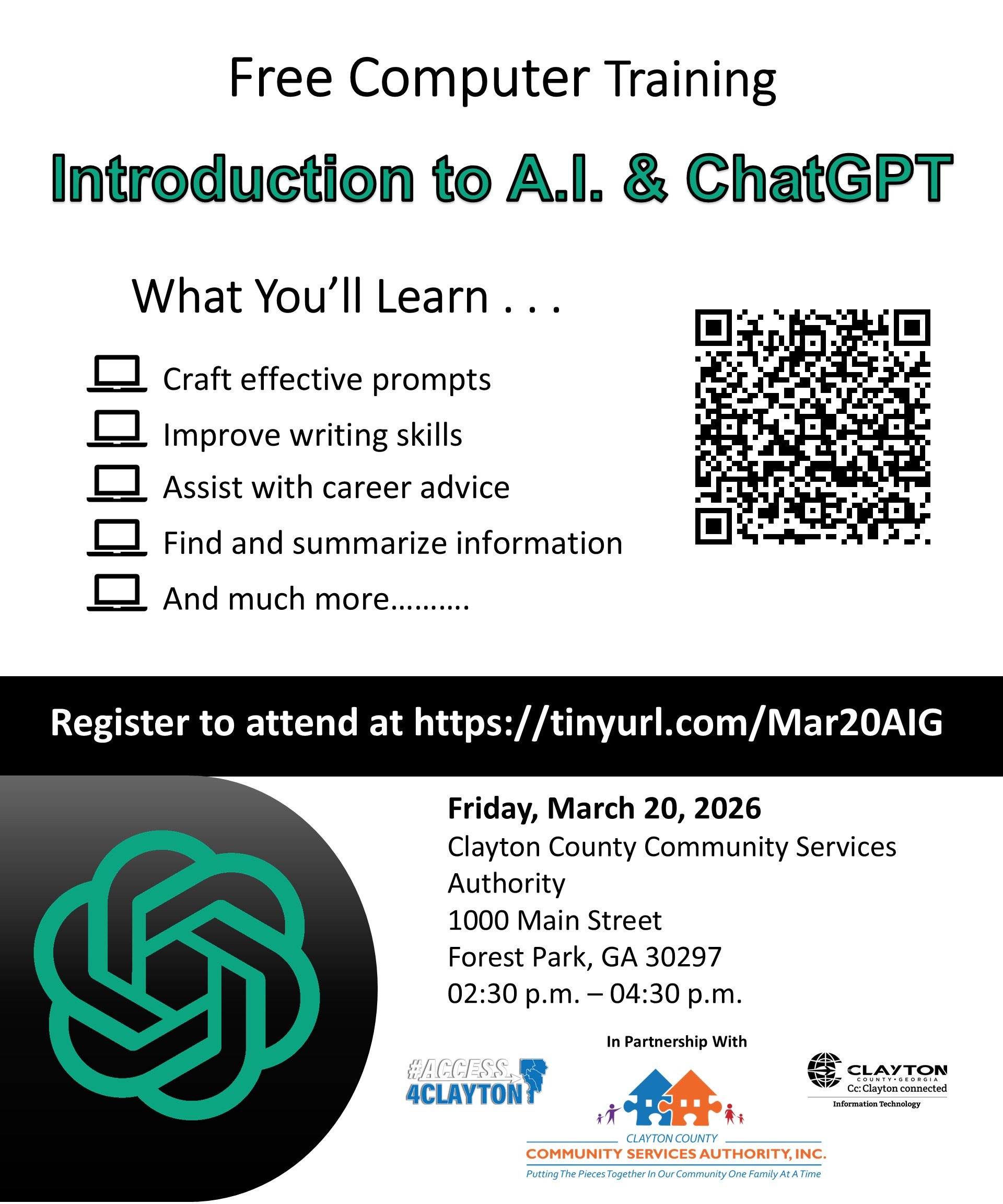 flyer for march 20, 2026 introduction to a.i. and chatgpt training at clayton county community services authority