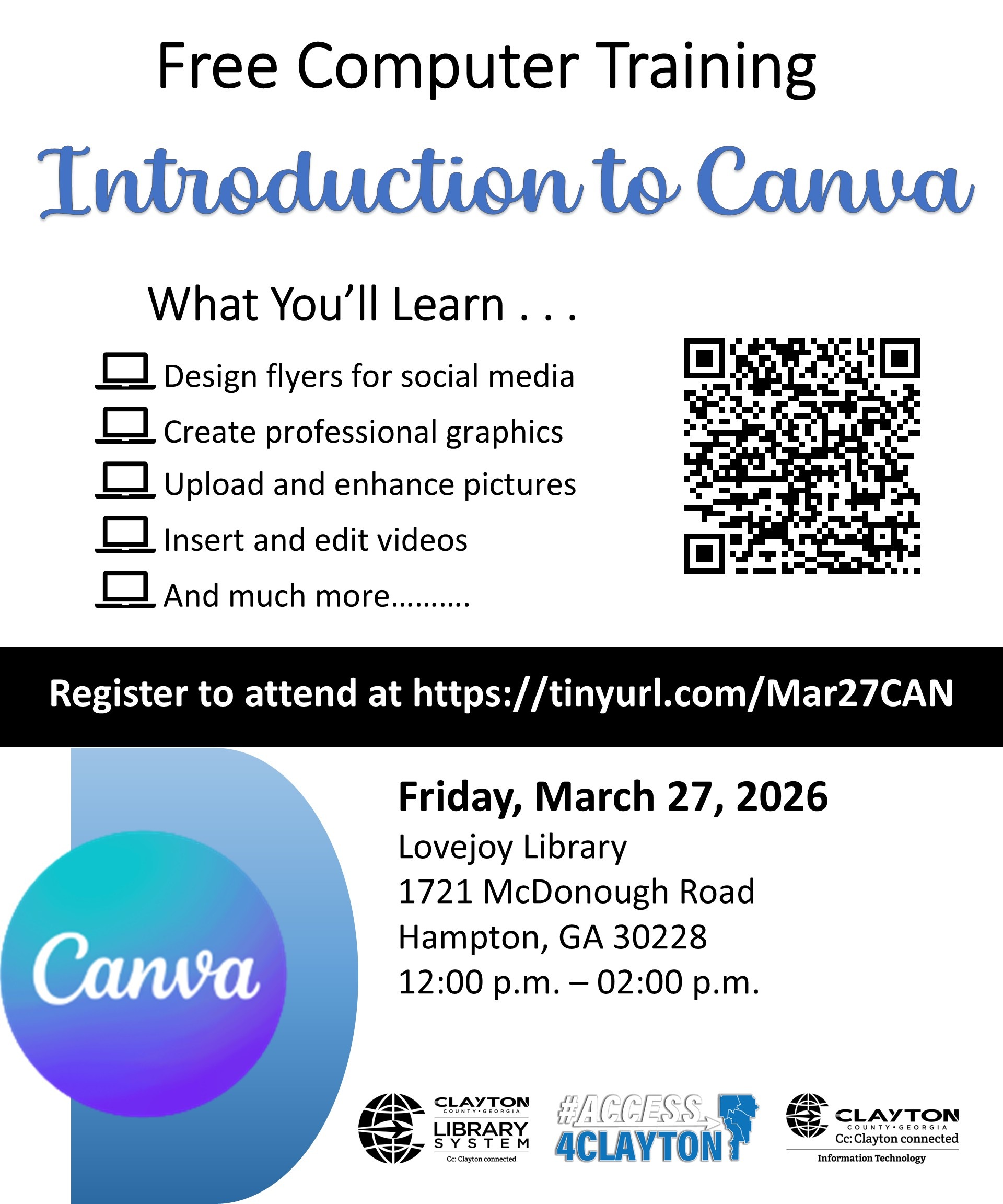 flyer for march 27, 2026 introduction to canva training at lovejoy library