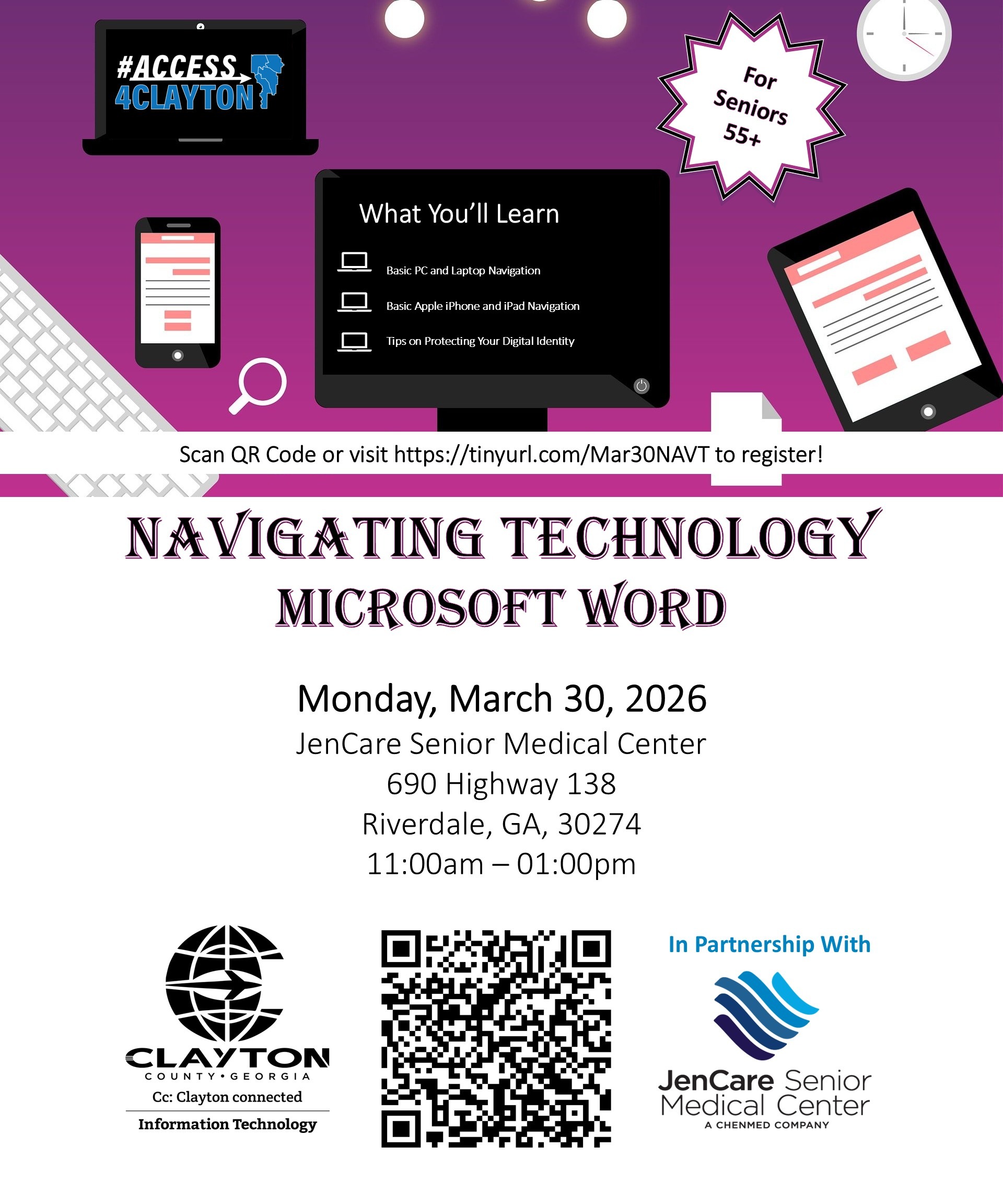 flyer for march 30, 2026 navigating technology training at jencare senior medical center