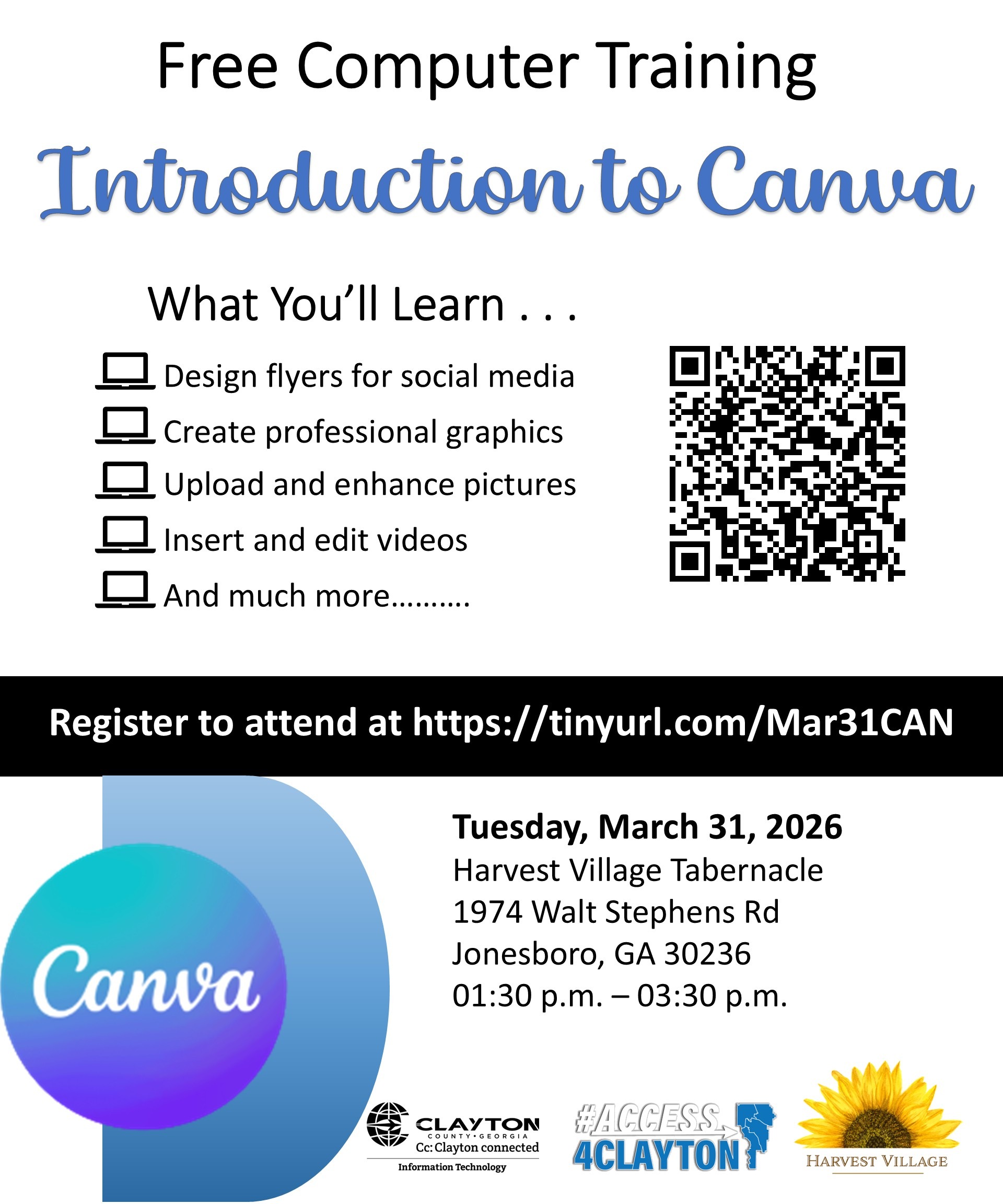 flyer for march 31, 2026 introduction to canva training at harvest village tabernacle