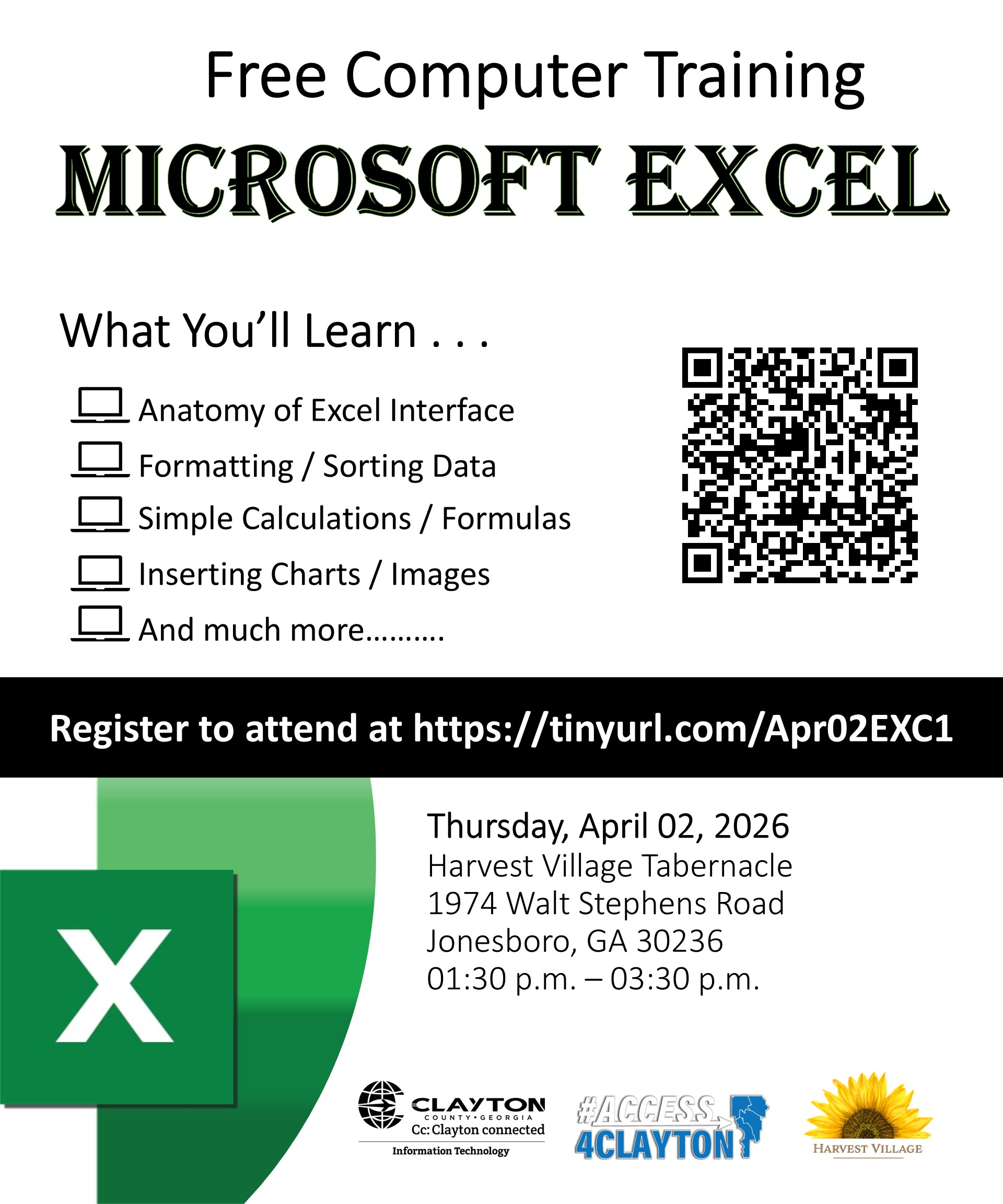 flyer for april 2, 2026 microsoft excel training at harvest village tabernacle