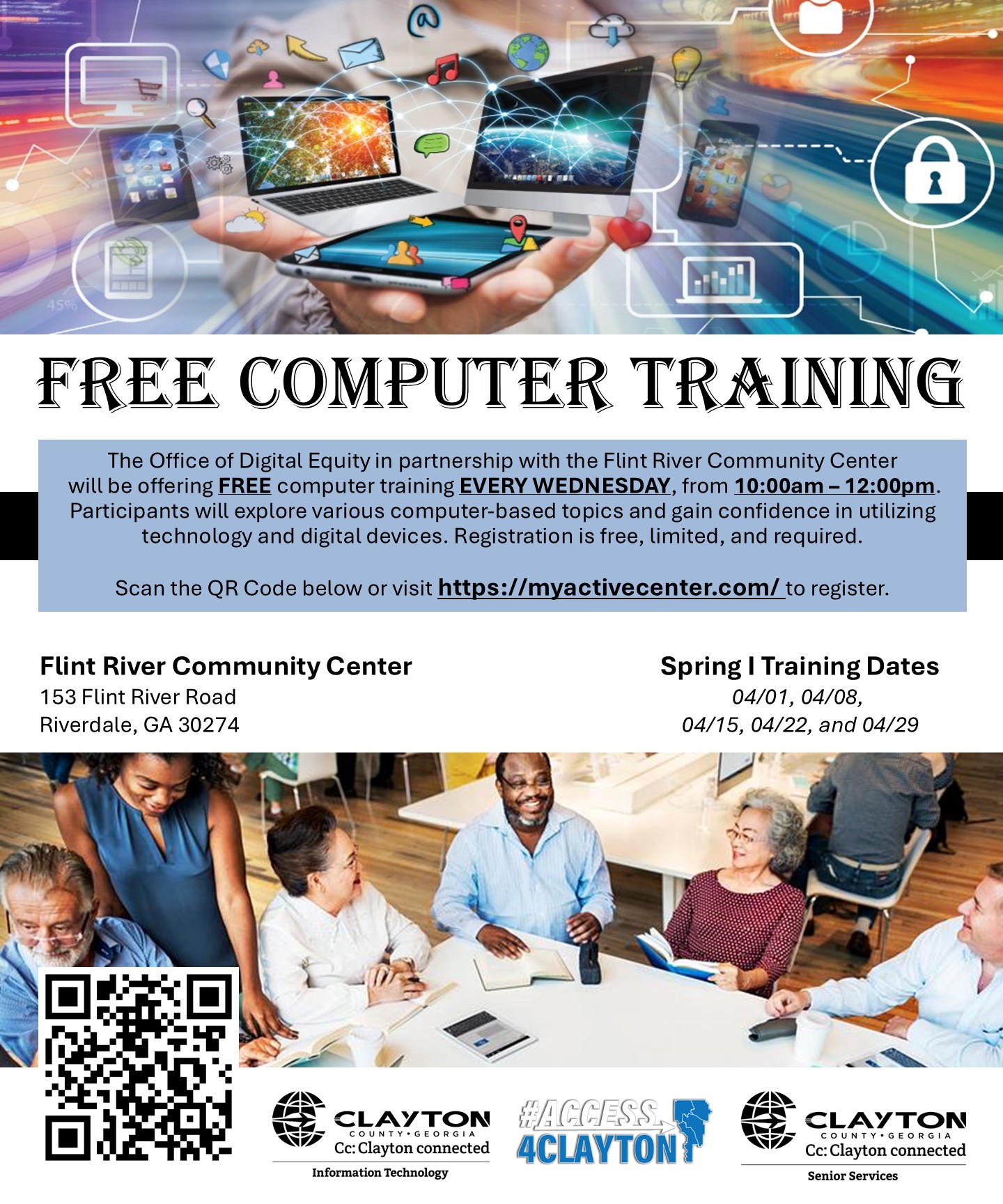 flyer for free computer training at flint river community center every wednesday morning from april 1, 2026 through april 29, 2026