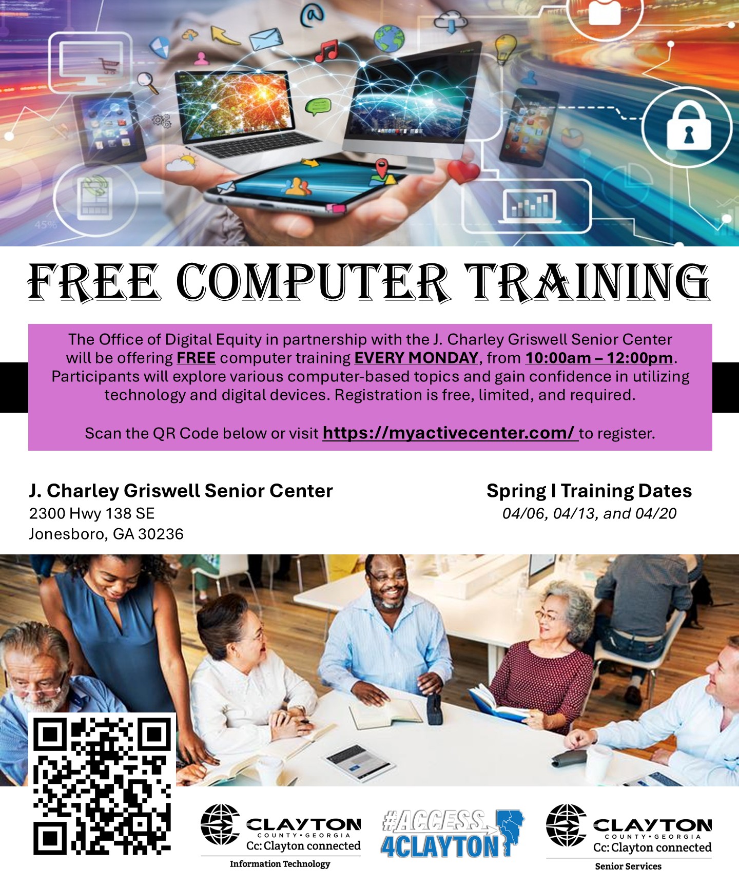 flyer for free computer training at j charley griswell senior center every monday morning from april 6, 2026 through april 20, 2026