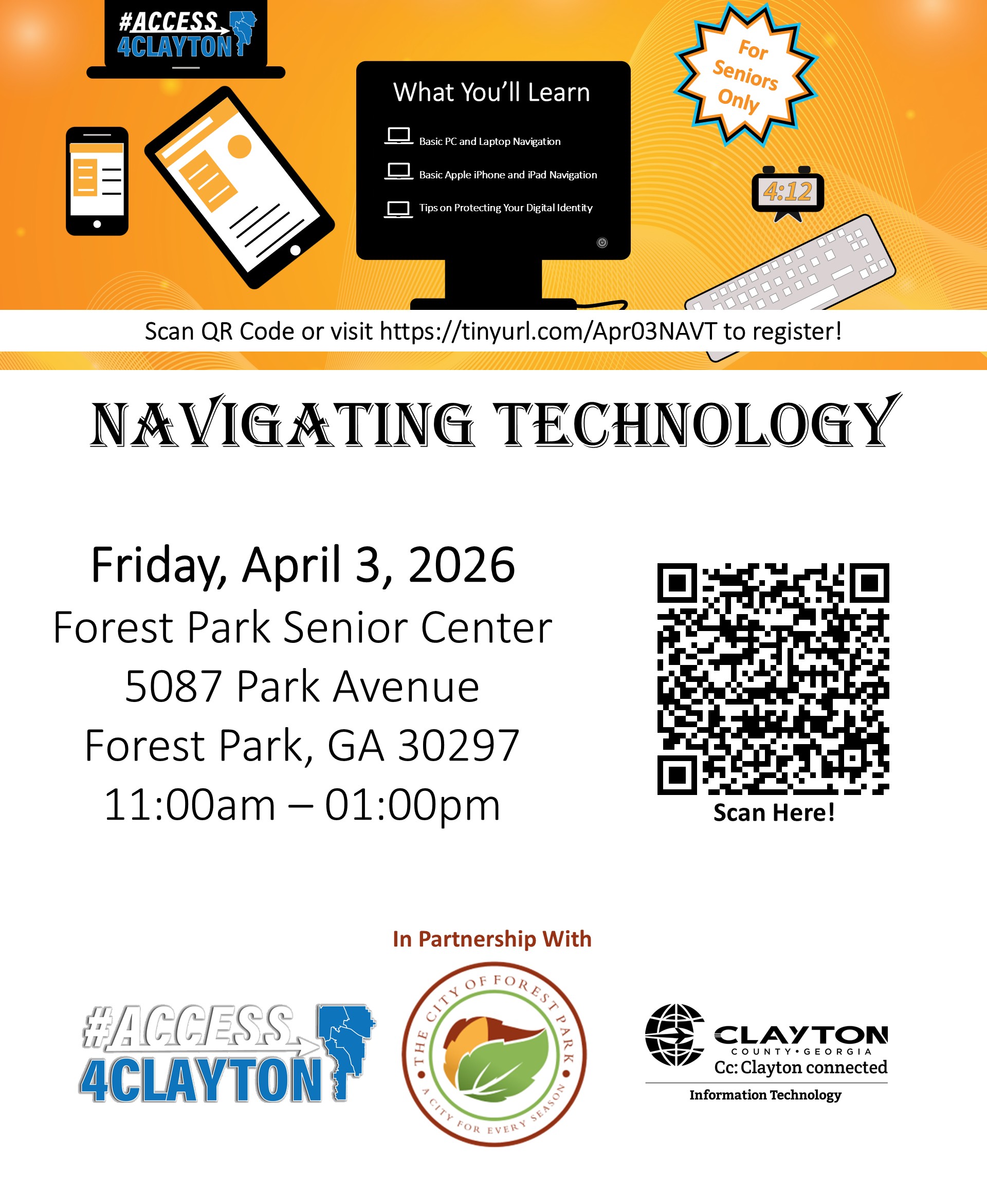 flyer for april 3, 2026 navigating technology training at forest partk senior center