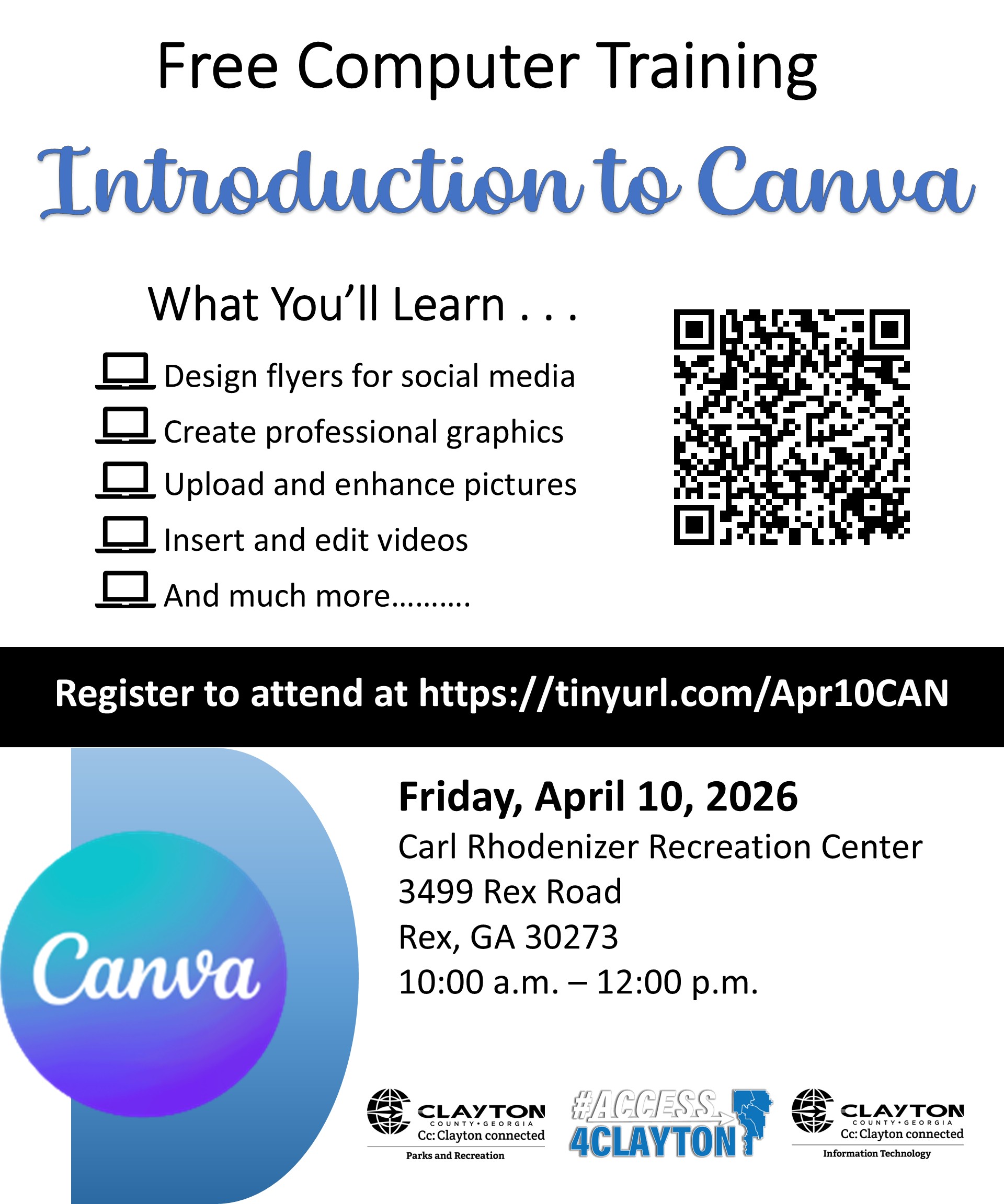 flyer for free canva training at the clayton county community services authority on april 10, 2026