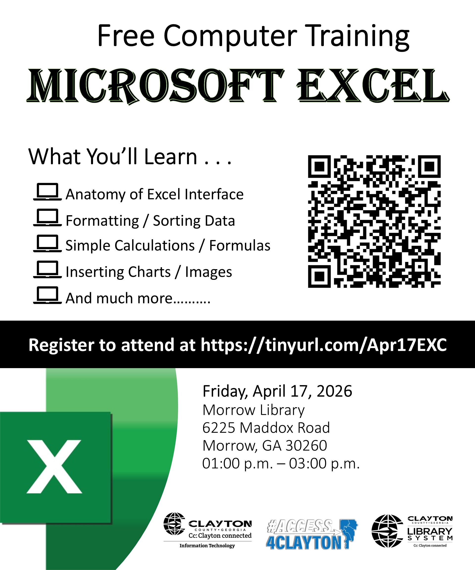 flyer for april 17, 2026 microsoft excel training at morrow library