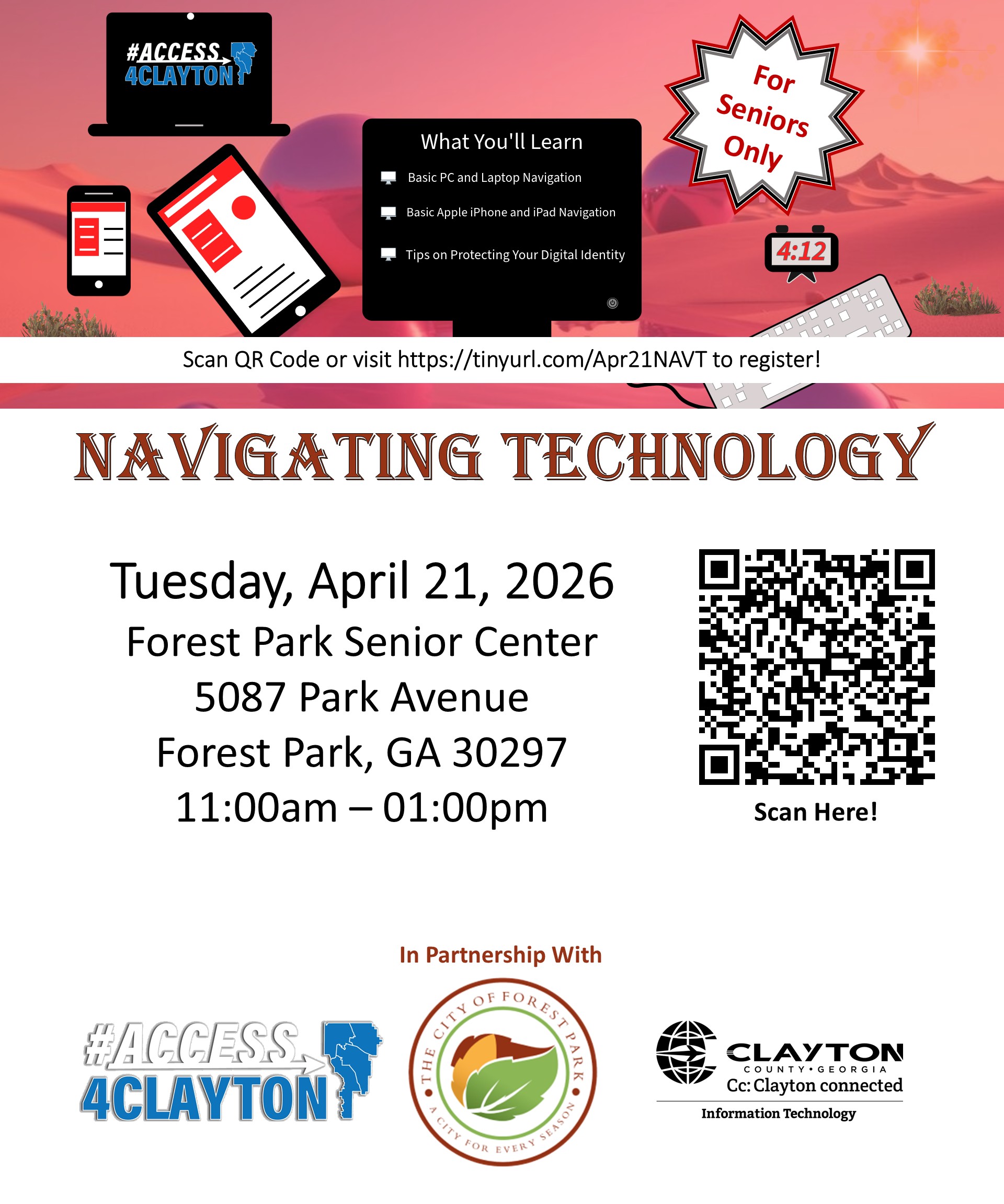 flyer for april 21, 2026 navigating technology training at forest partk senior center