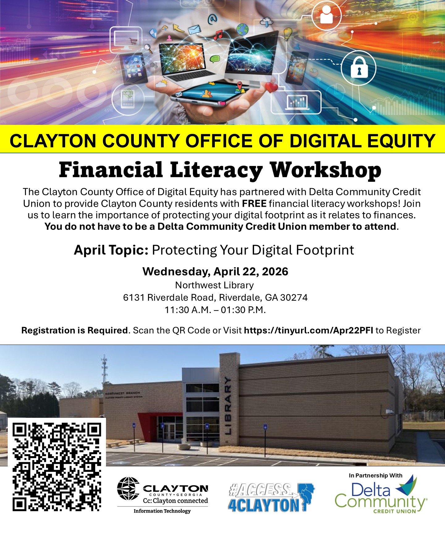 flyer for free delta community credit union financial literacy workshop on april 22, 2026