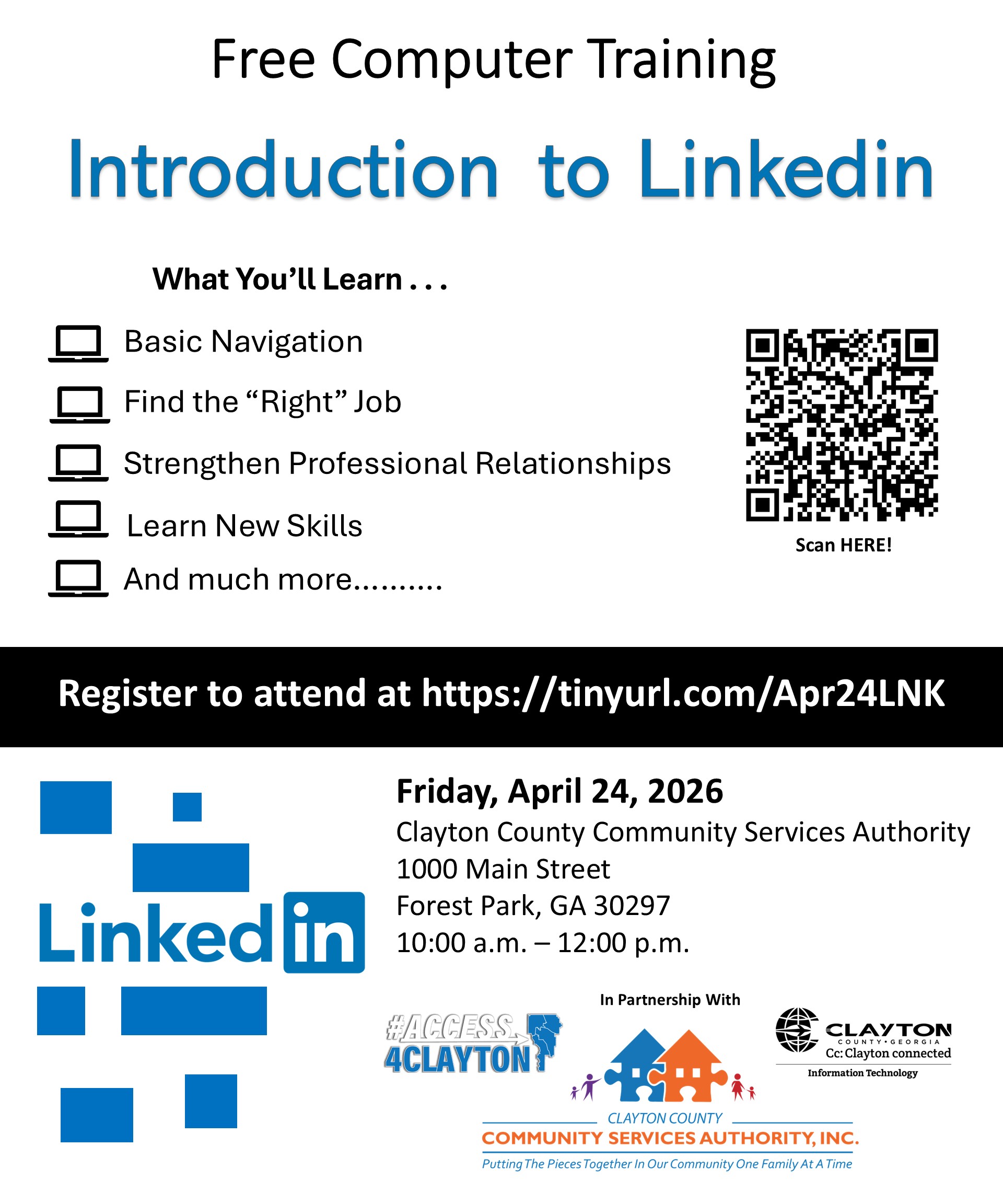 flyer for free linkedin training on april 24, 2026 at the clayton county community services authority