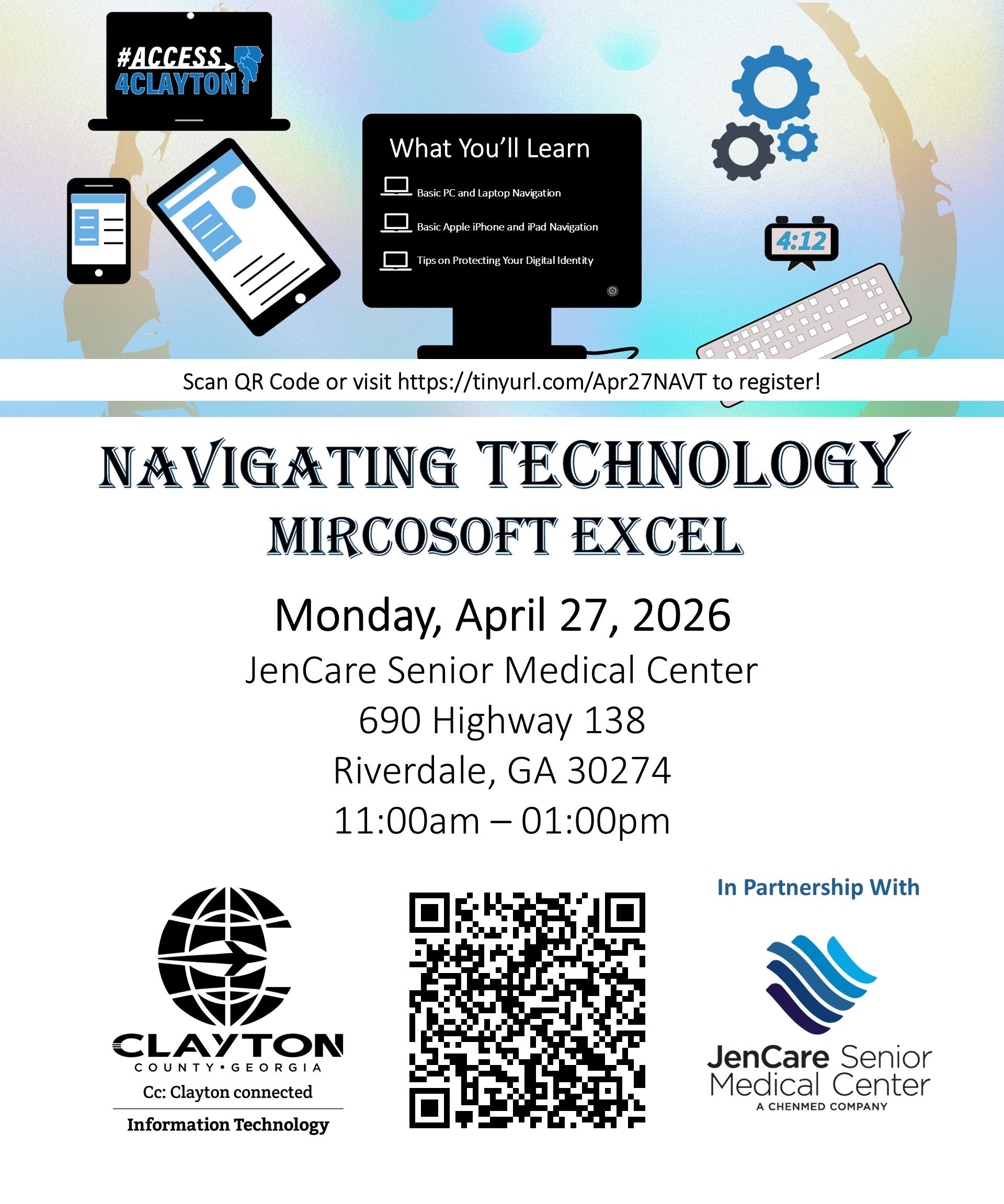 flyer for april 27, 2026 navigating technology training at jencare senior medical center