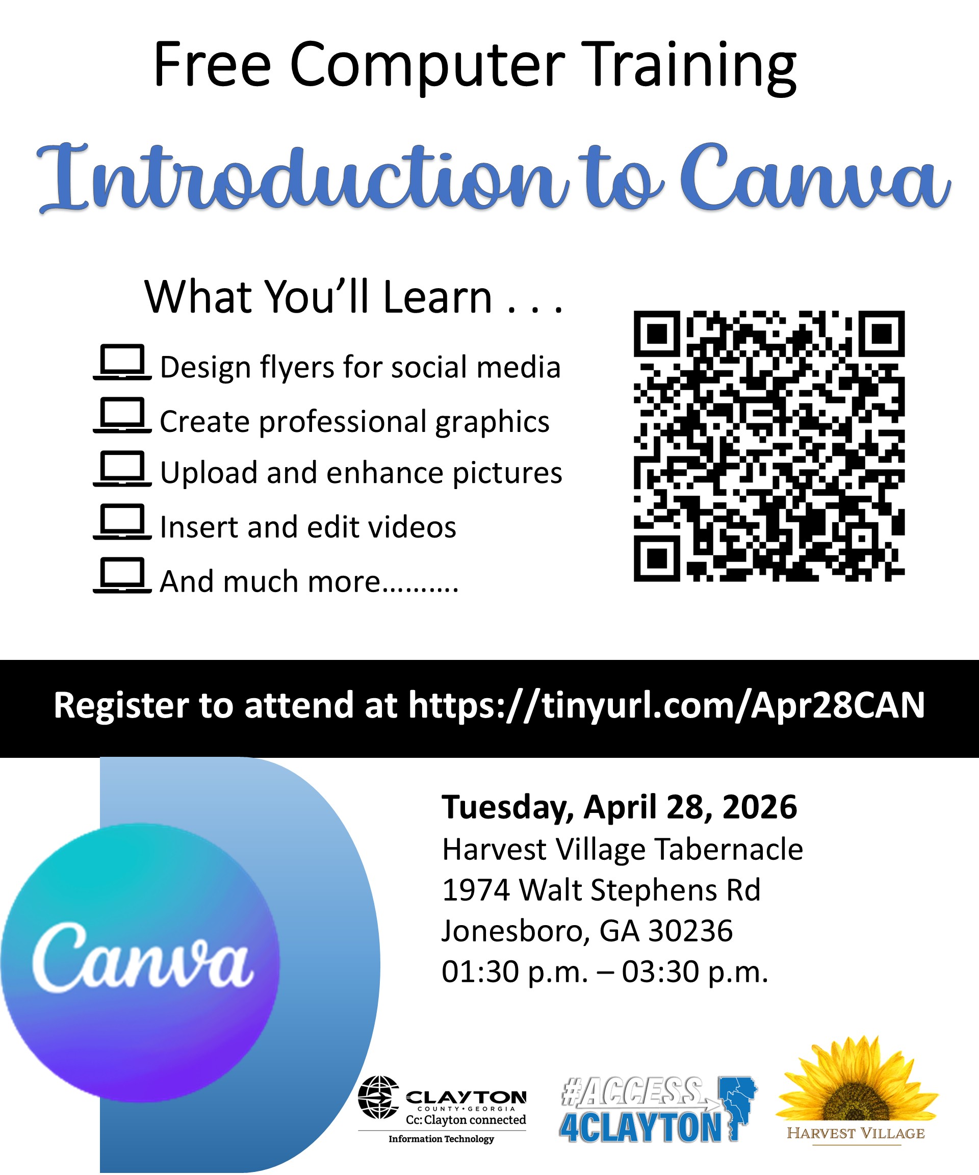 flyer for april 28, 2026 introduction to canva training at harvest village tabernacle