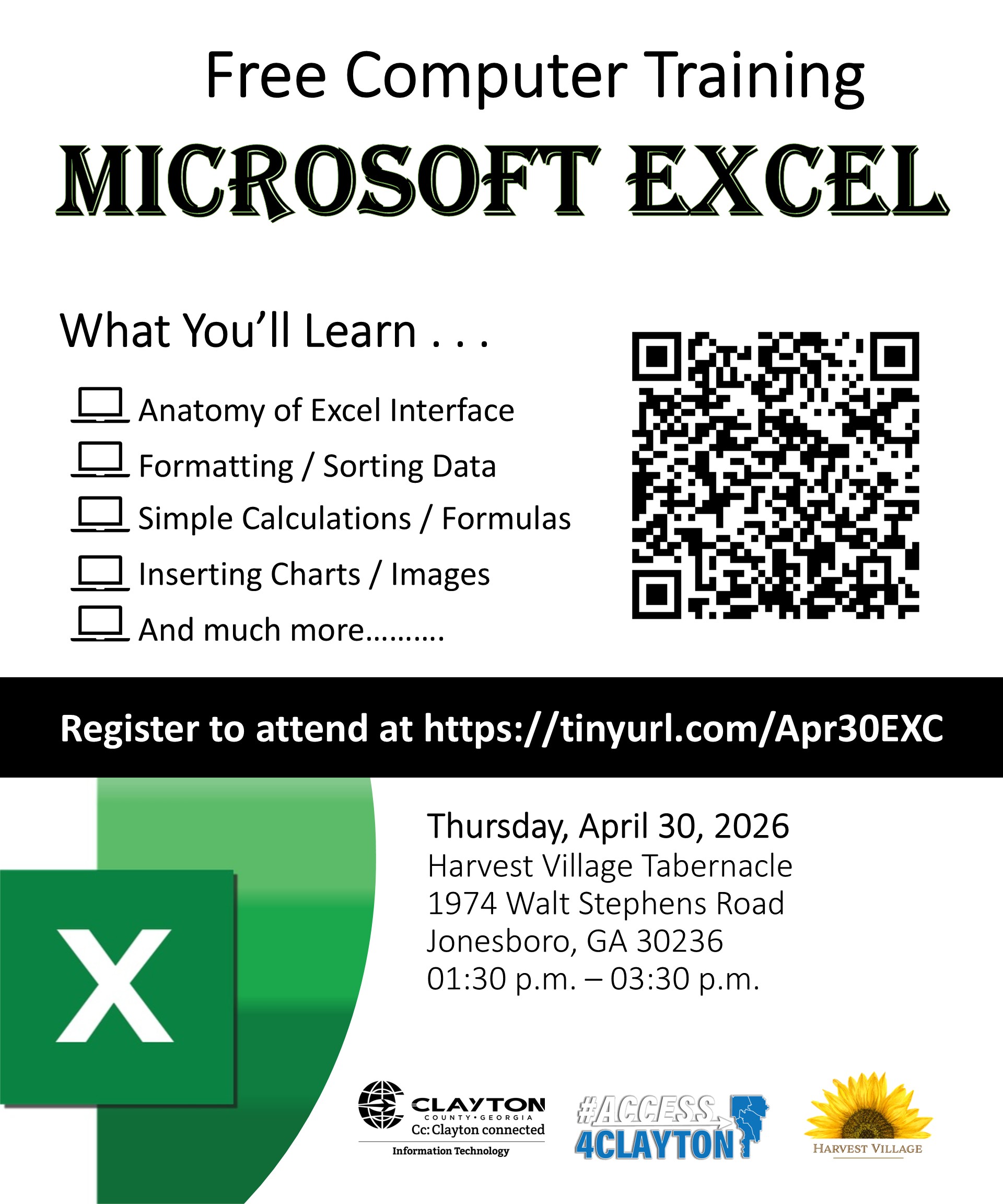 flyer for april 30, 2026 microsoft excel training at harvest village tabernacle
