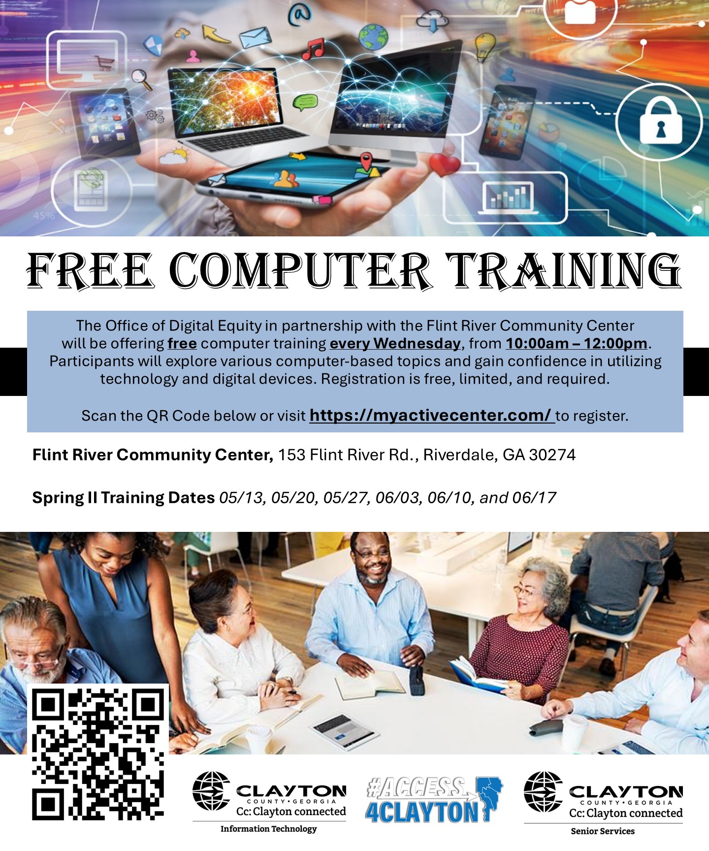 flyer for free computer training at flint river community center every wednesday morning from may 13, 2026 through june 17, 2026